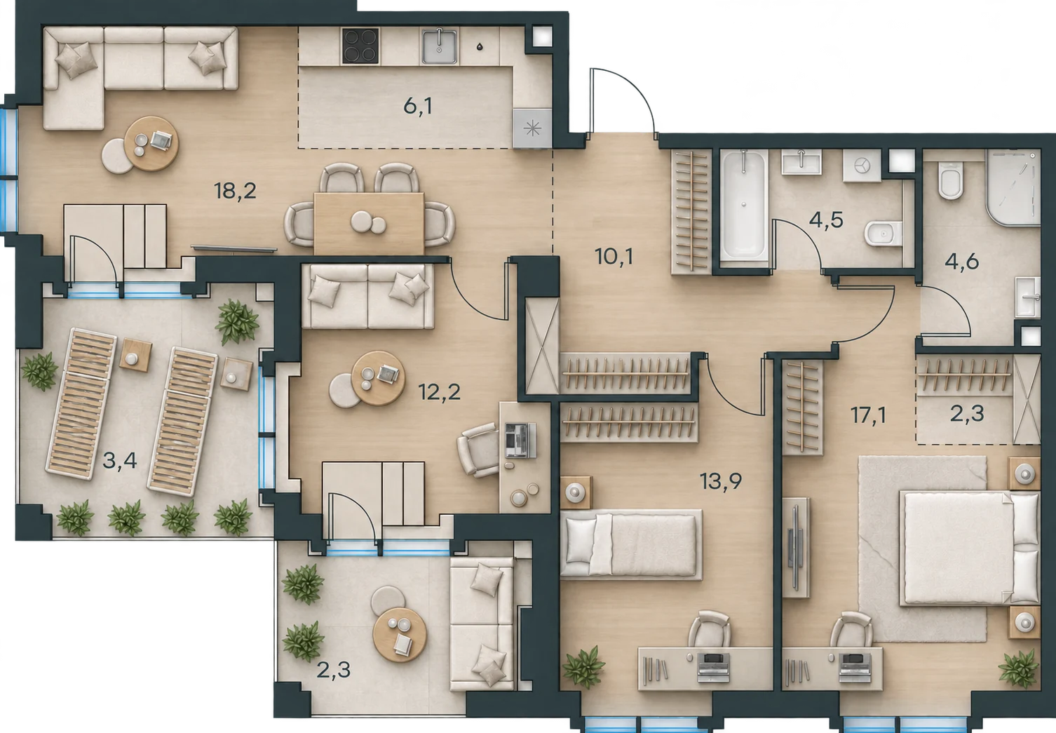 Планировка Level Павелецкая Сити, 94,7 м² — 3D AI-иллюстрация