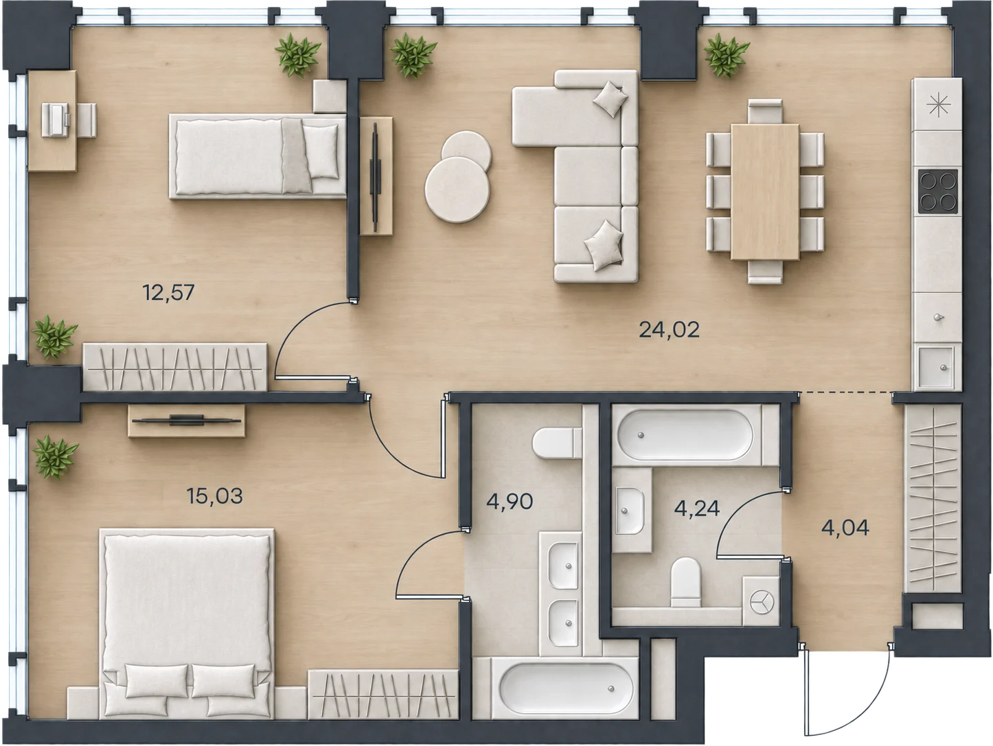 Планировка Level Павелецкая Сити, 64,8 м² — 3D AI-иллюстрация