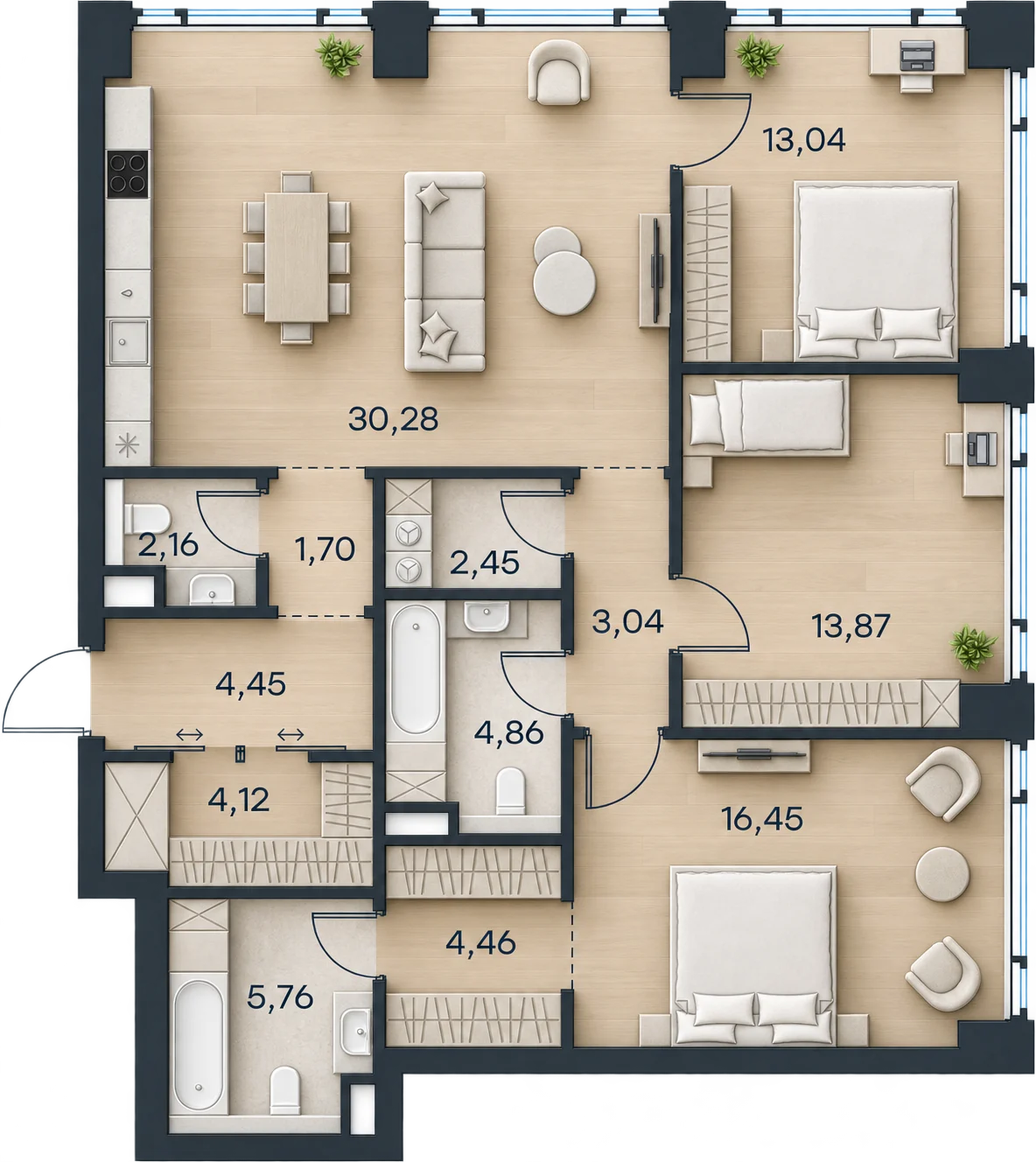 Планировка Level Павелецкая Сити, 106,64 м² — 3D AI-иллюстрация