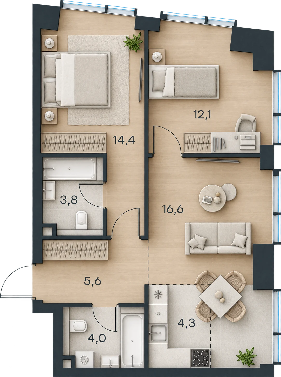 Планировка Level Павелецкая Сити, 60,8 м² — 3D AI-иллюстрация