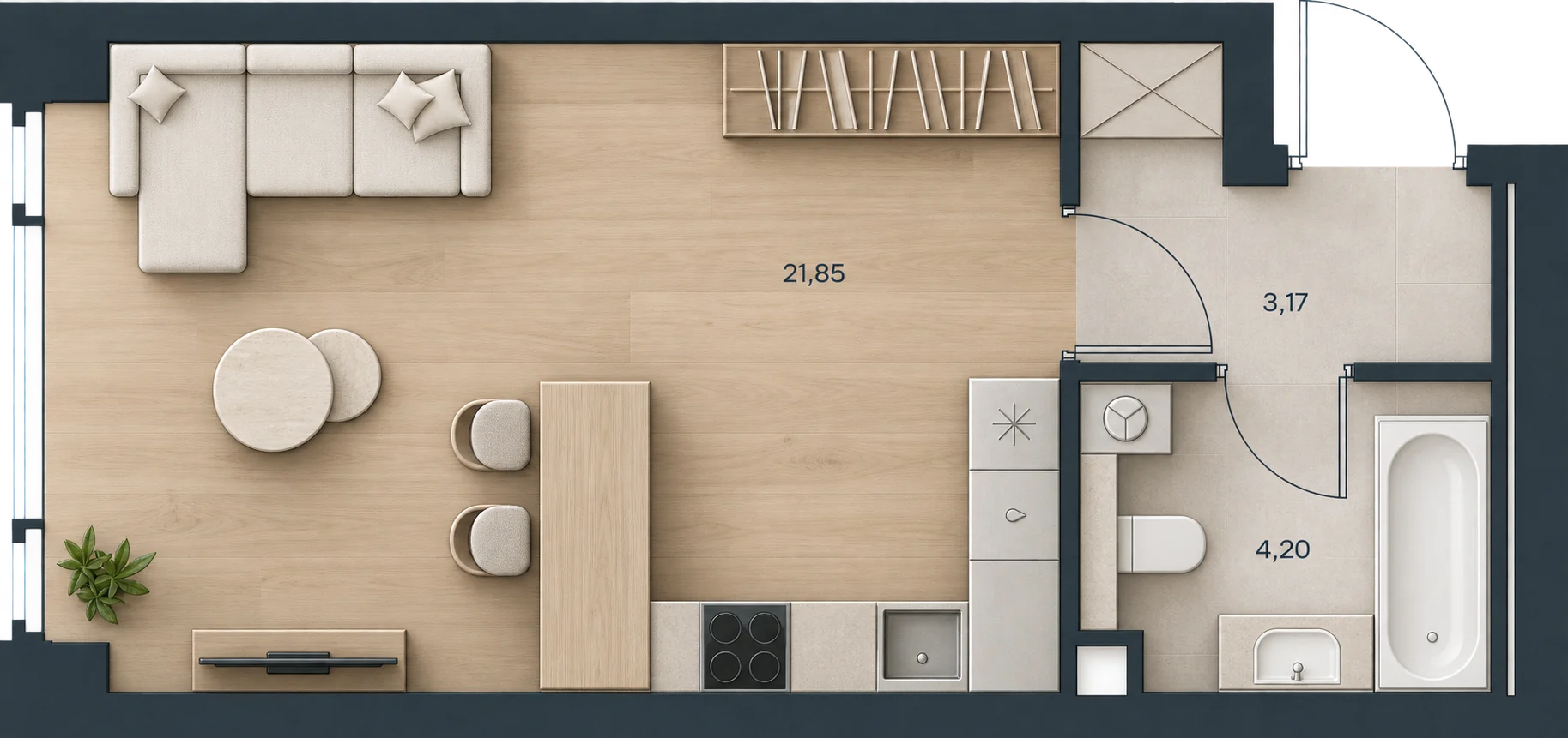 Планировка Level Павелецкая Сити, 29,22 м² — 3D AI-иллюстрация