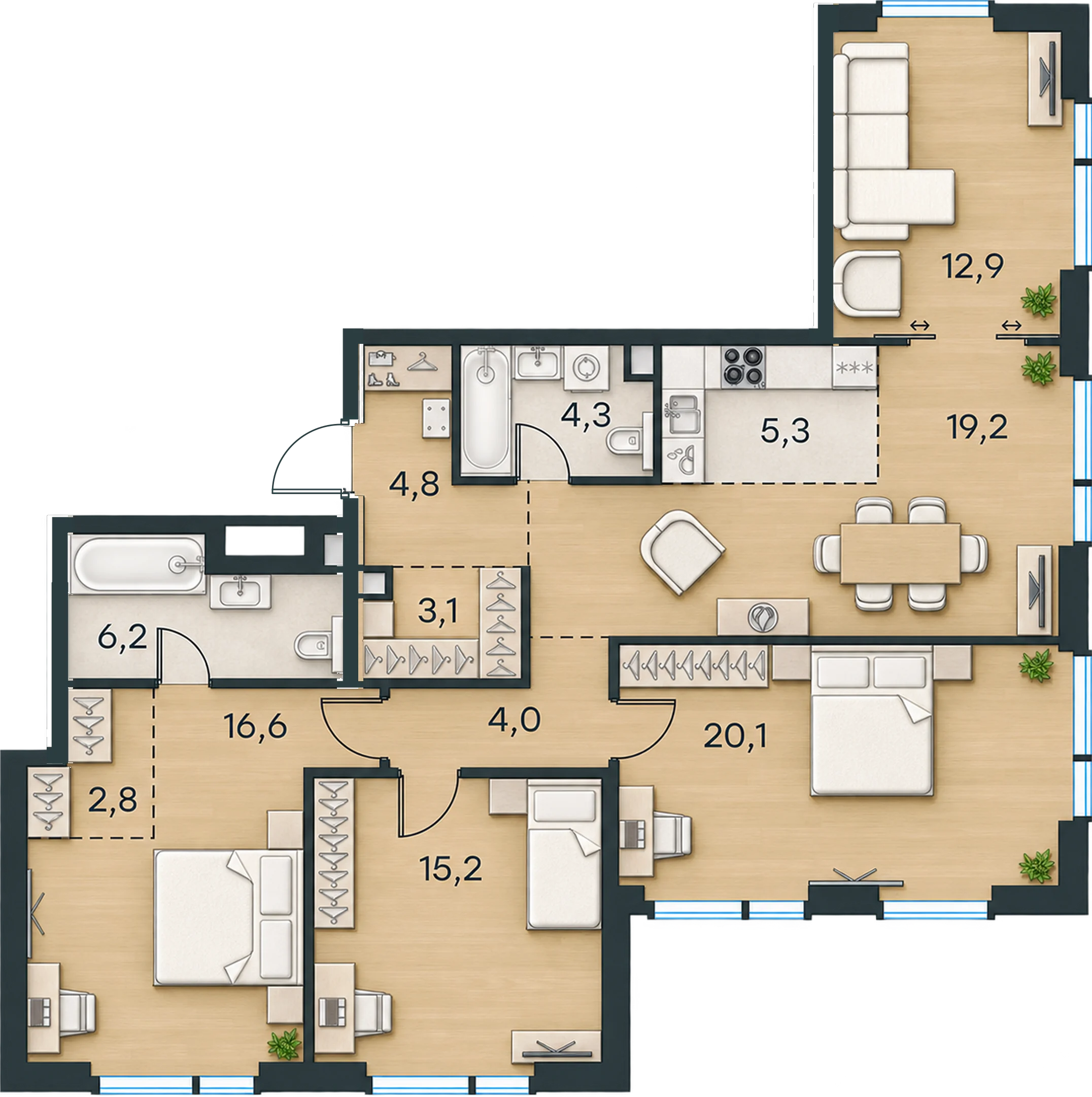 Планировка Level Павелецкая Сити, 114,5 м² — 3D AI-иллюстрация