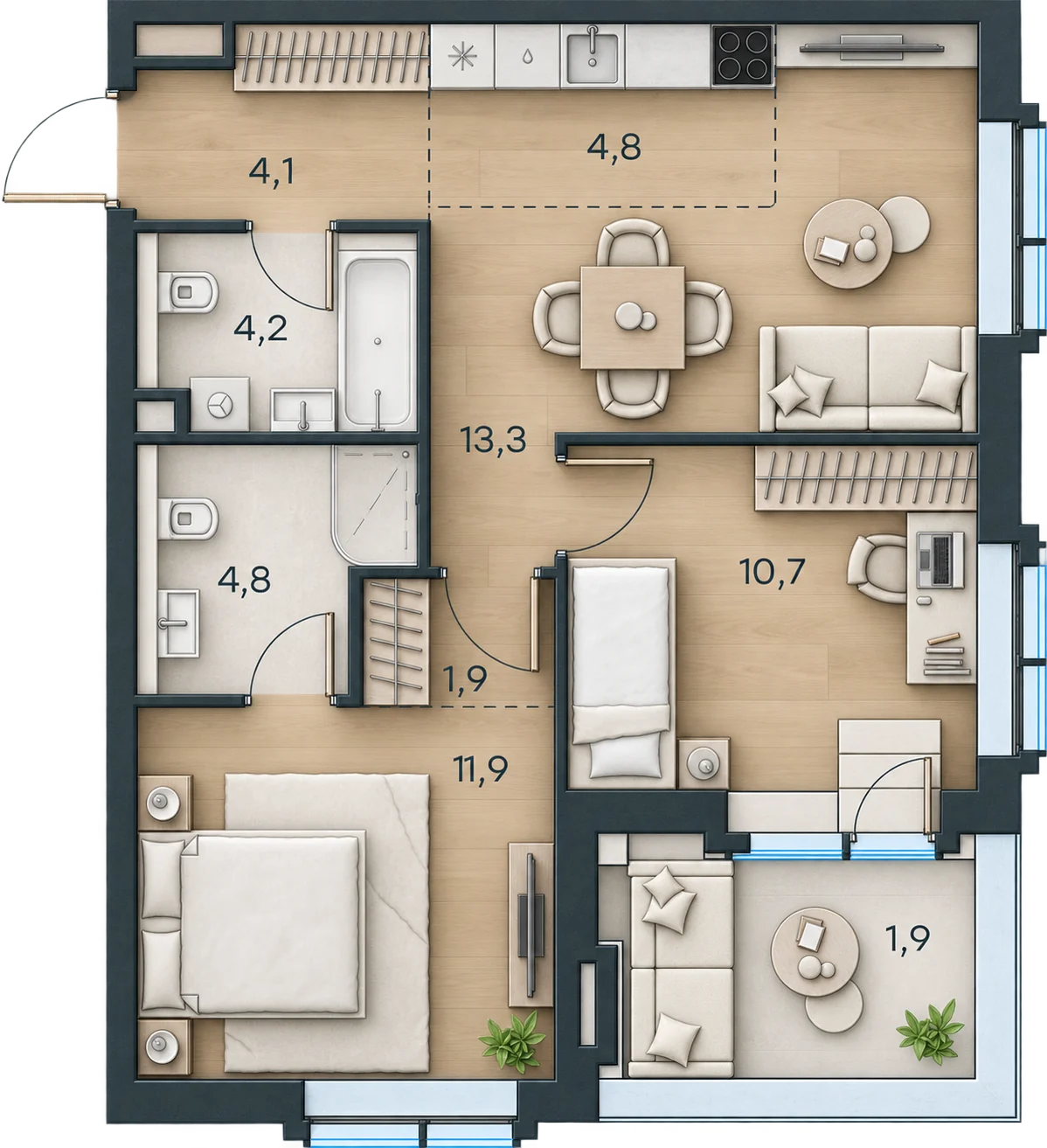 Планировка Level Павелецкая Сити, 57,6 м² — 3D AI-иллюстрация
