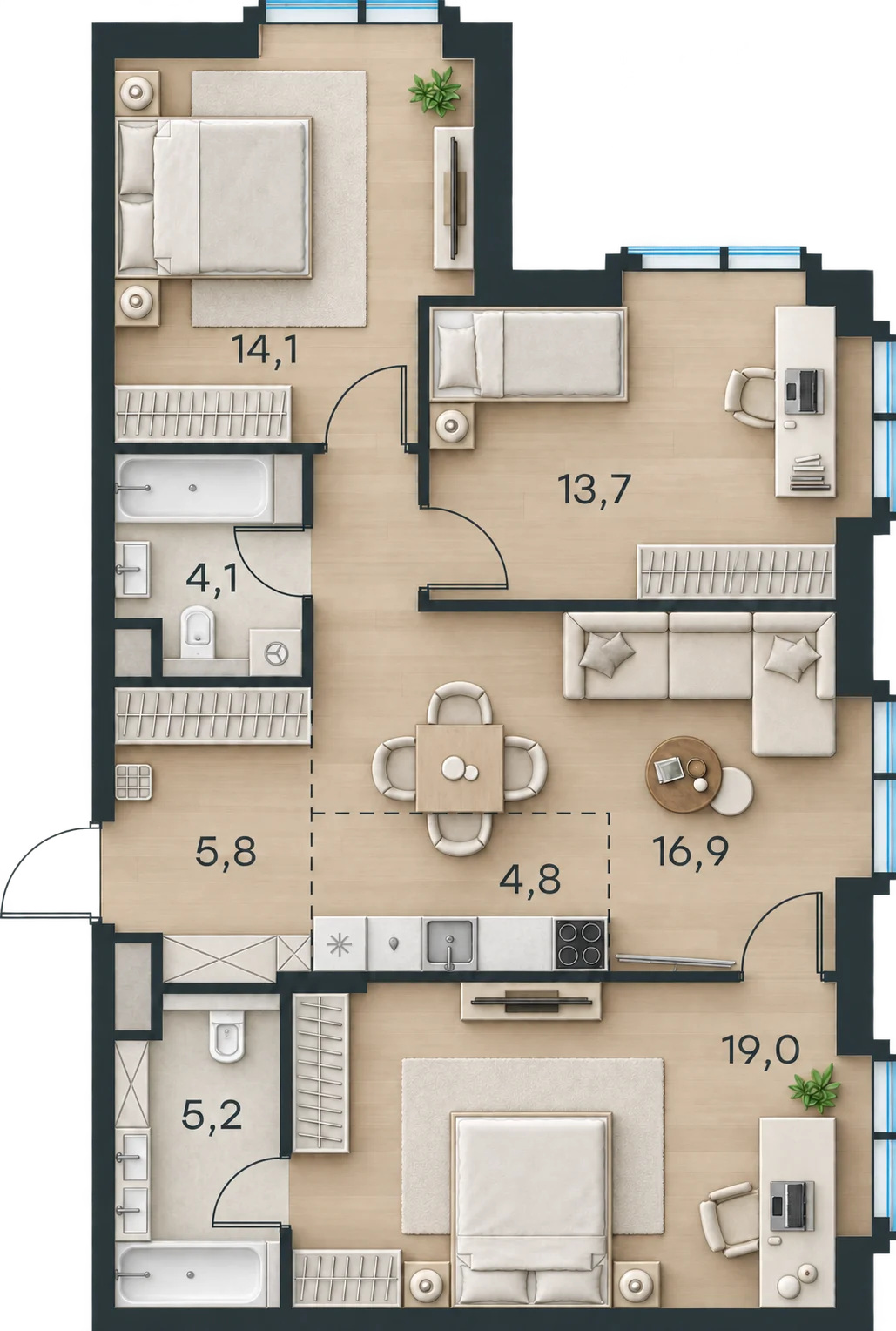 Планировка Level Павелецкая Сити, 83,6 м² — 3D AI-иллюстрация
