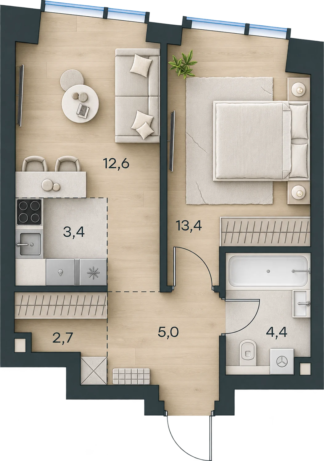 Планировка Level Павелецкая Сити, 41,5 м² — 3D AI-иллюстрация