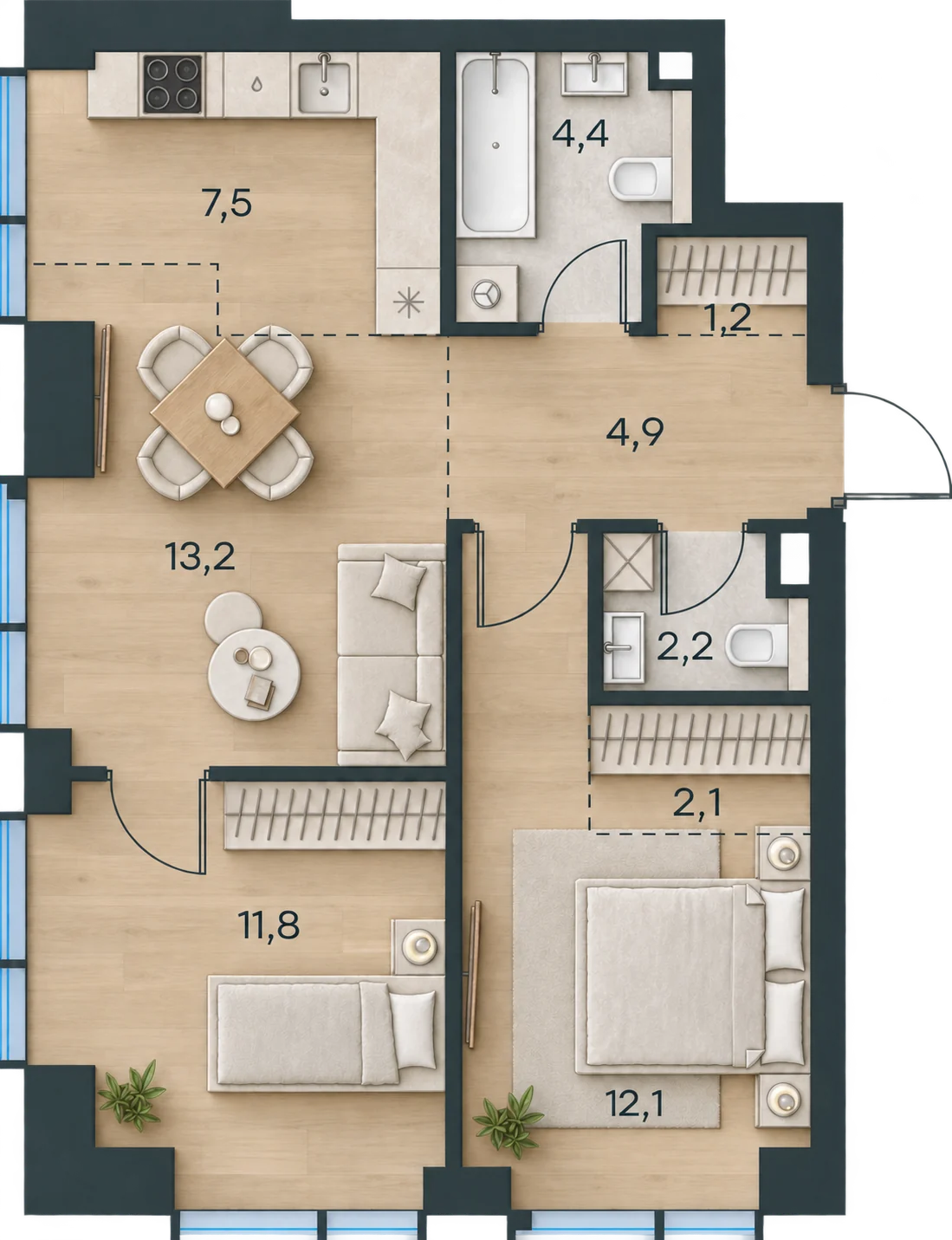 Планировка Level Павелецкая Сити, 59,4 м² — 3D AI-иллюстрация