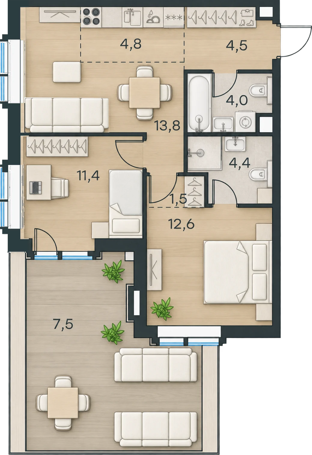 Планировка Level Павелецкая Сити, 64,5 м² — 3D AI-иллюстрация