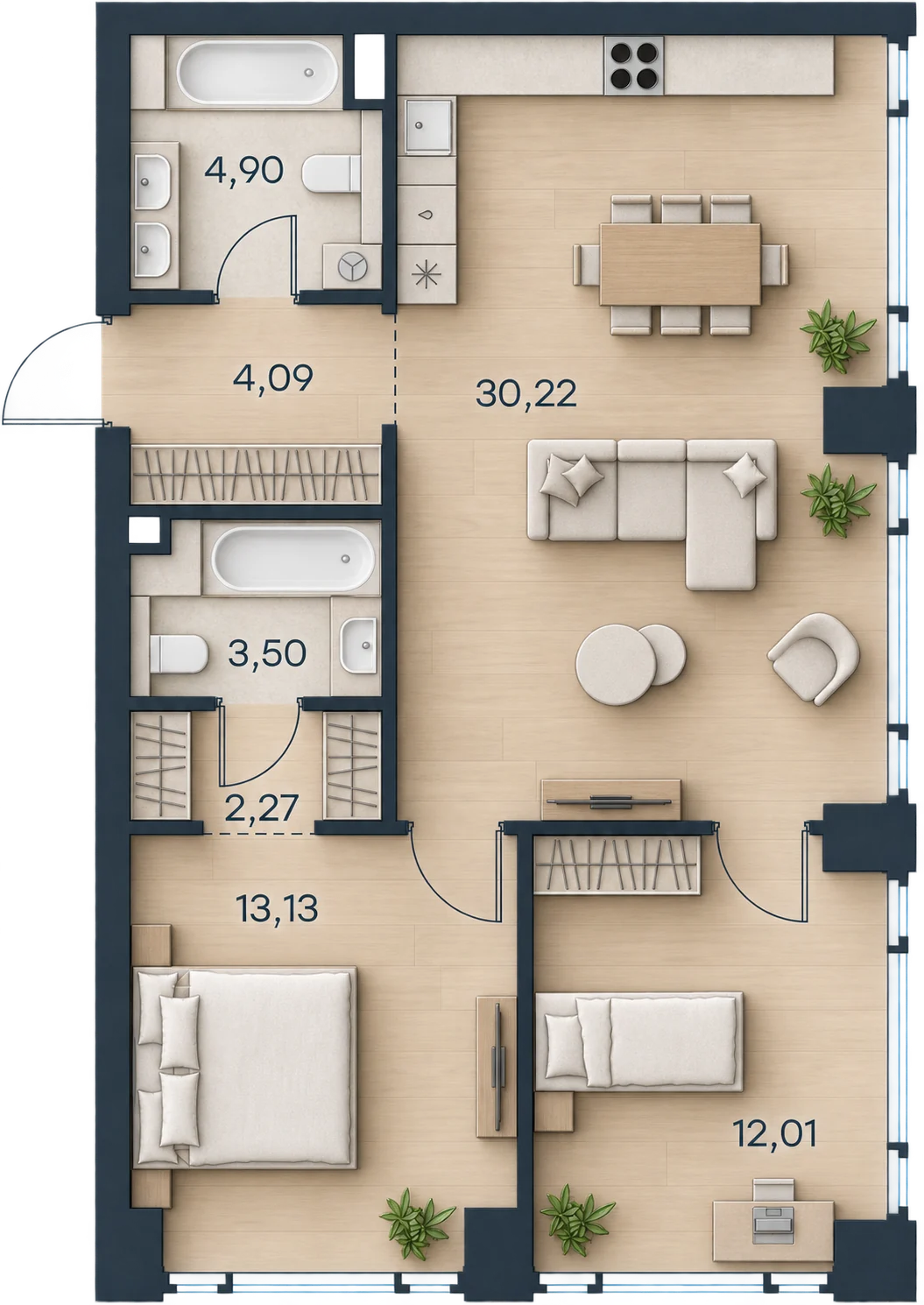 Планировка Level Павелецкая Сити, 70,12 м² — 3D AI-иллюстрация