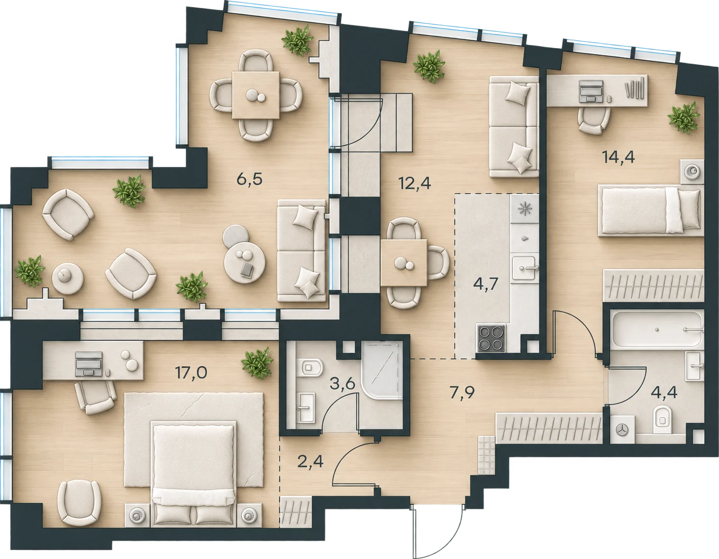 Планировка Level Павелецкая Сити, 73,3 м² — 3D AI-иллюстрация