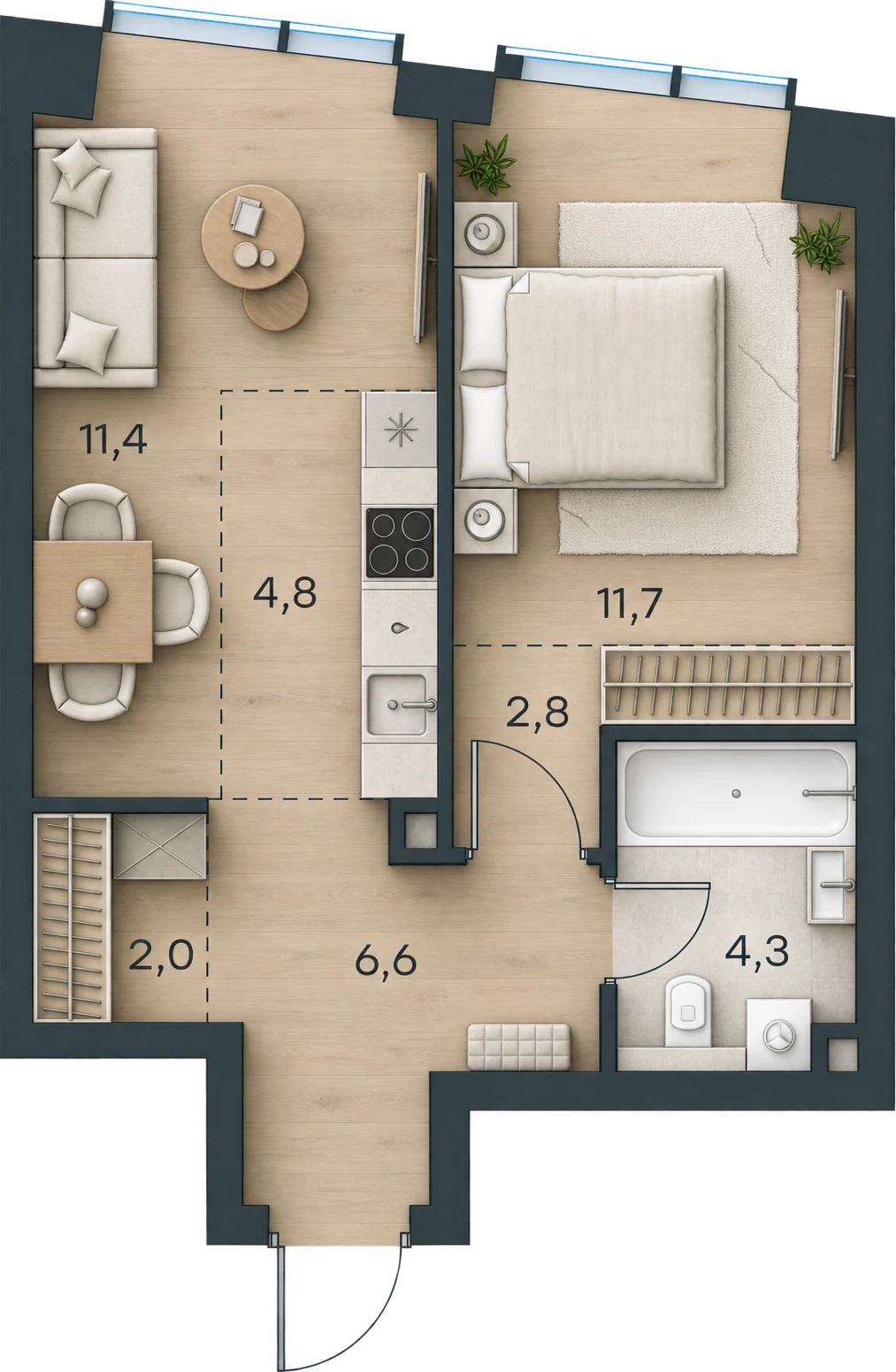 Планировка Level Павелецкая Сити, 43,6 м² — 3D AI-иллюстрация