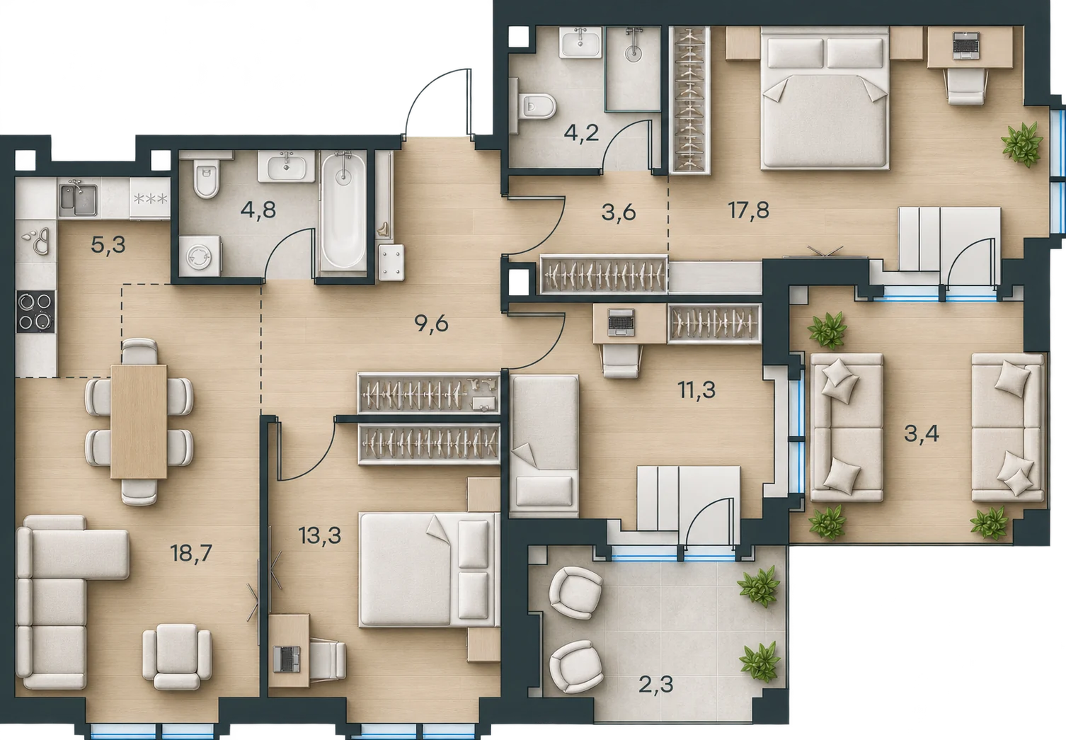 Планировка Level Павелецкая Сити, 94,3 м² — 3D AI-иллюстрация