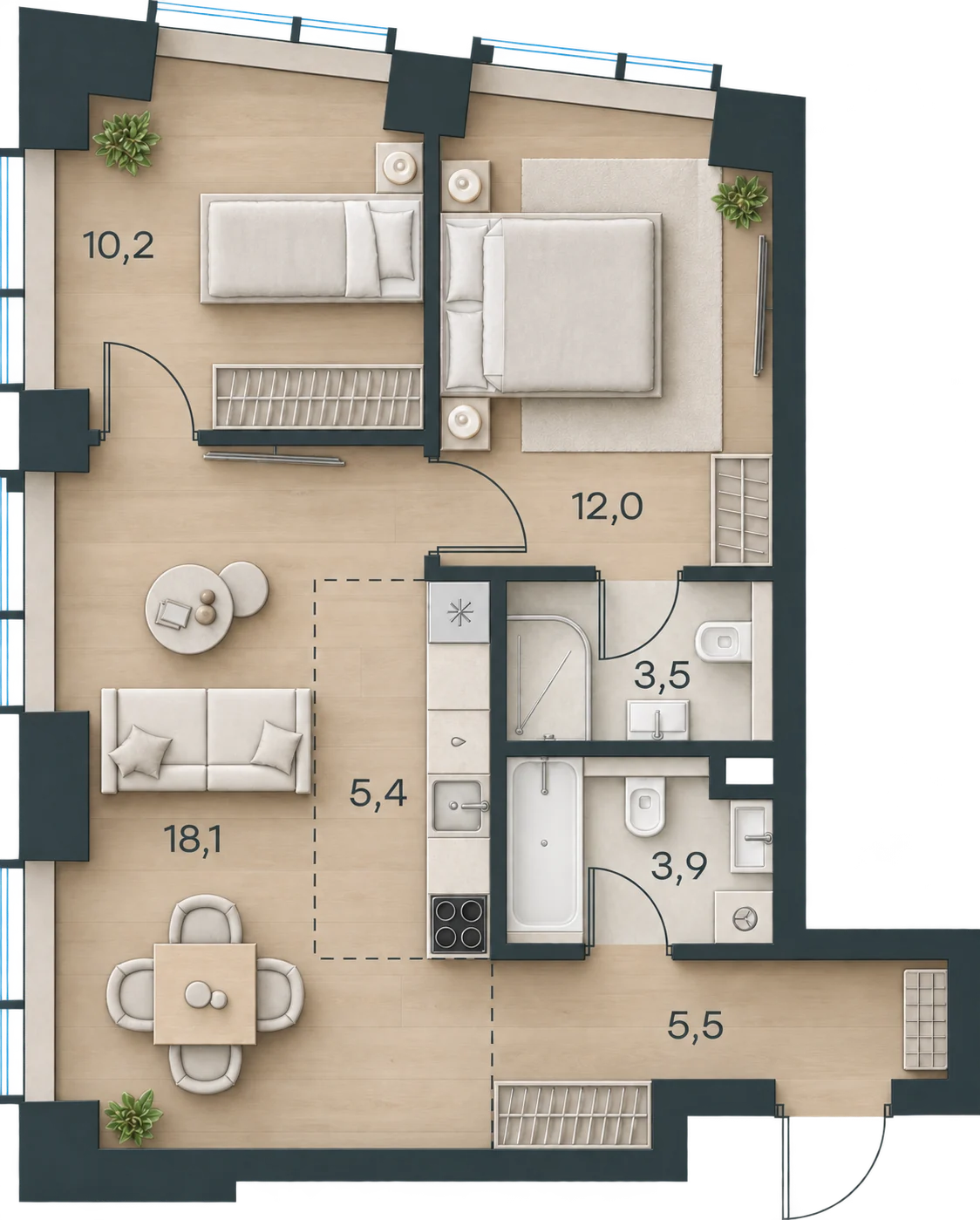 Планировка Level Павелецкая Сити, 58,6 м² — 3D AI-иллюстрация