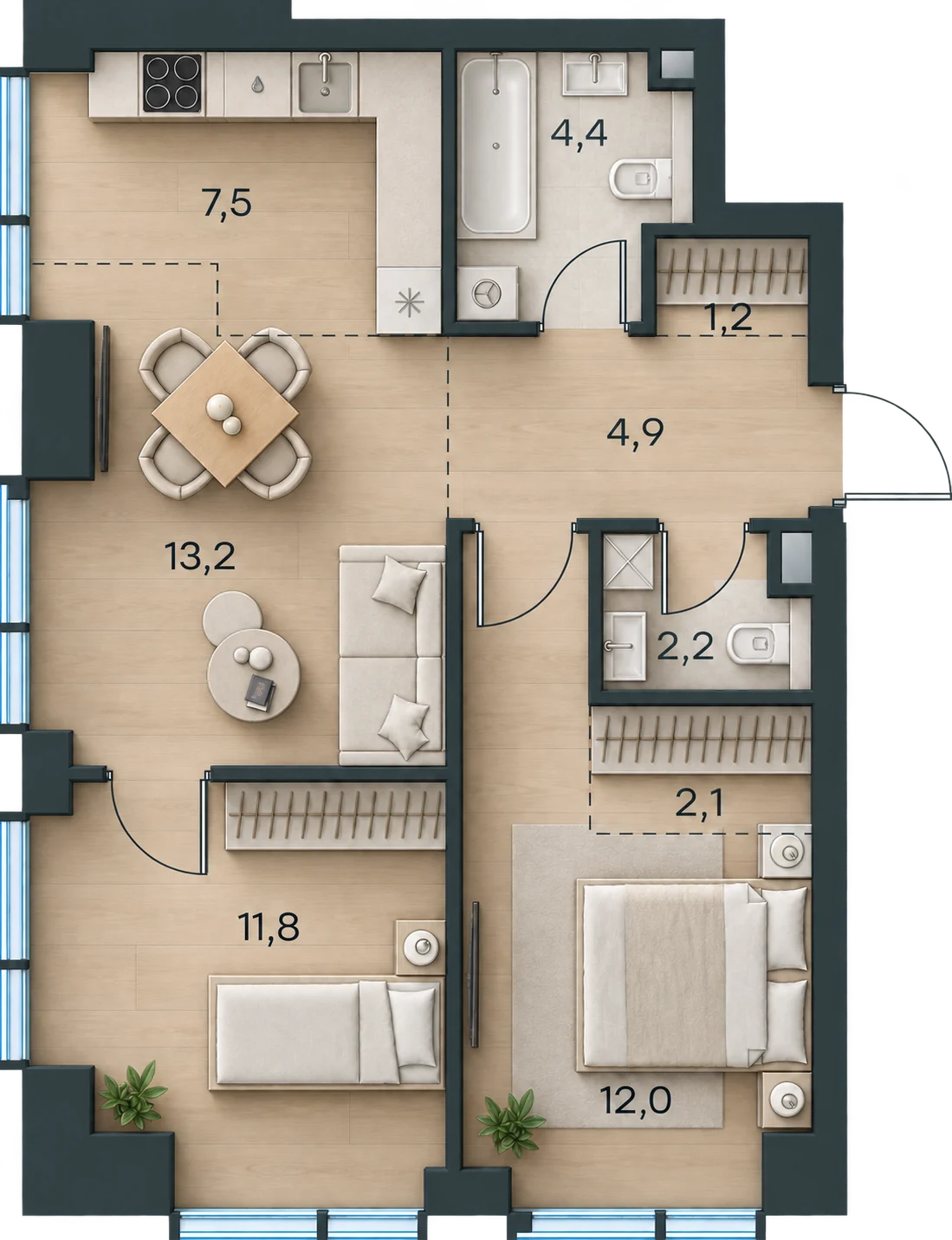 Планировка Level Павелецкая Сити, 59,3 м² — 3D AI-иллюстрация