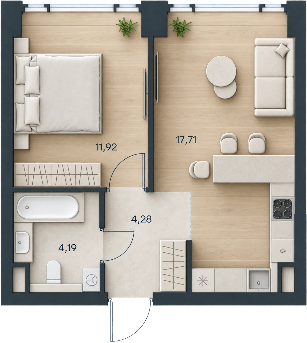 Планировка Level Павелецкая Сити, 38,32 м² — 3D AI-иллюстрация