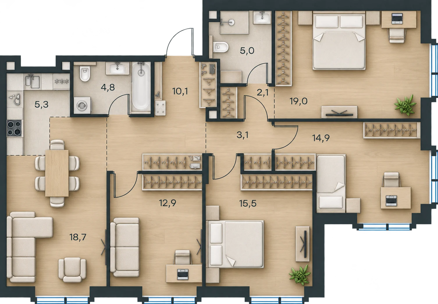 Планировка Level Павелецкая Сити, 111,4 м² — 3D AI-иллюстрация