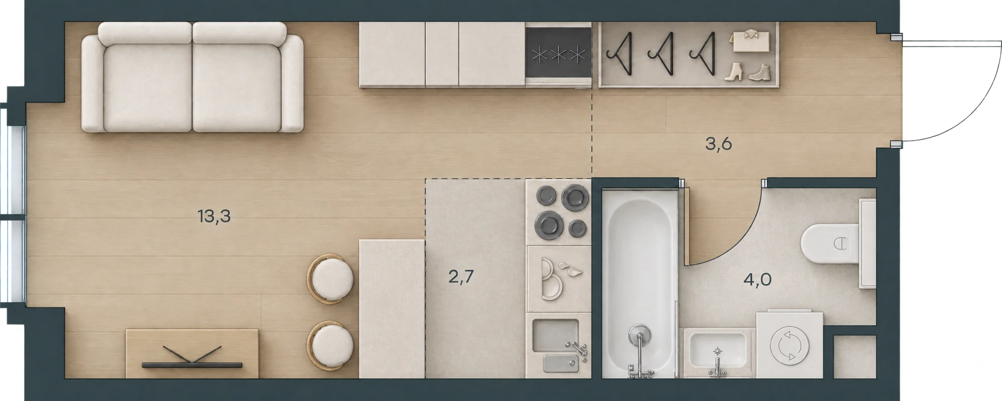 Планировка Level Павелецкая Сити, 23,6 м² — 3D AI-иллюстрация