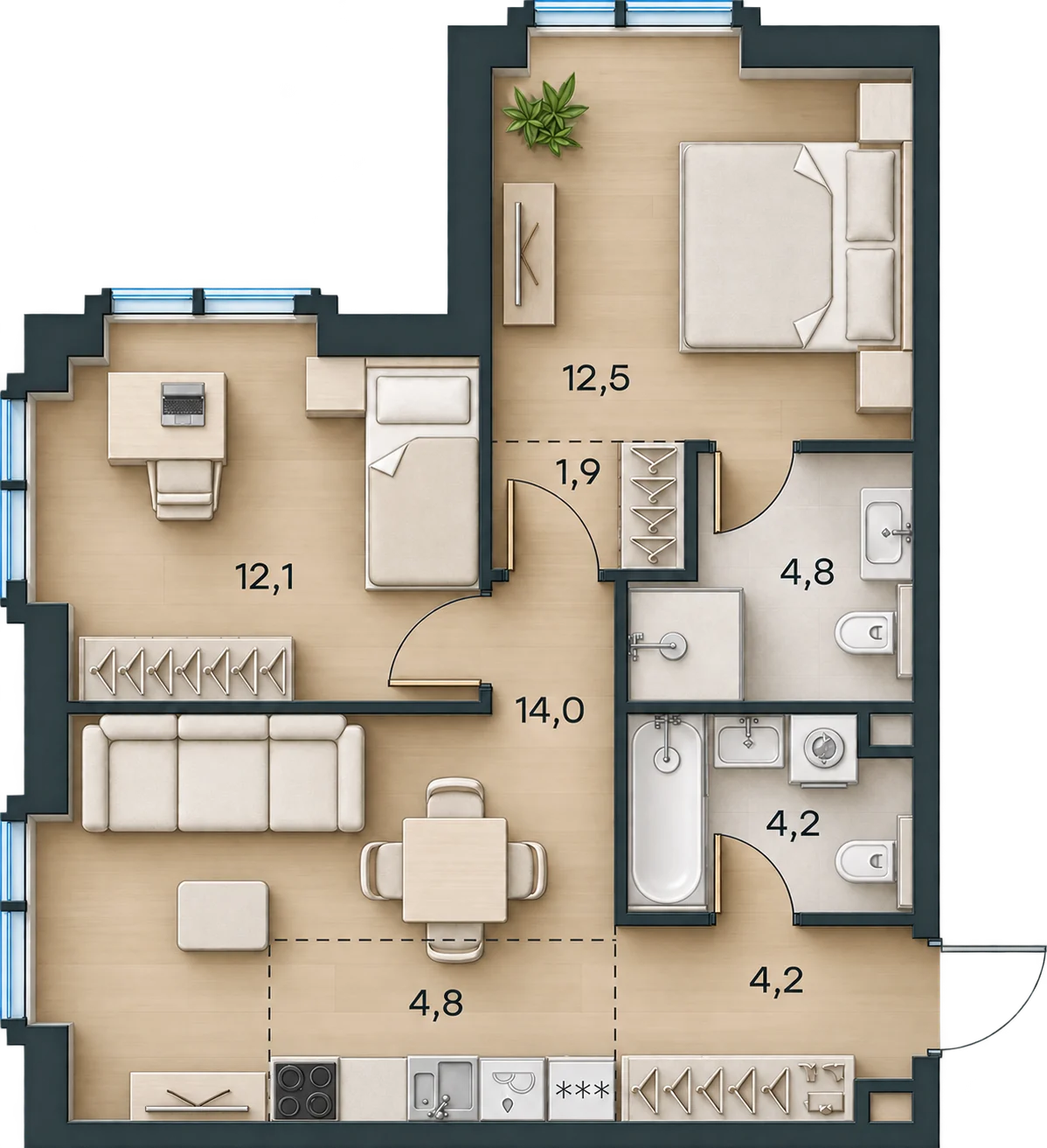Планировка Level Павелецкая Сити, 58,5 м² — 3D AI-иллюстрация