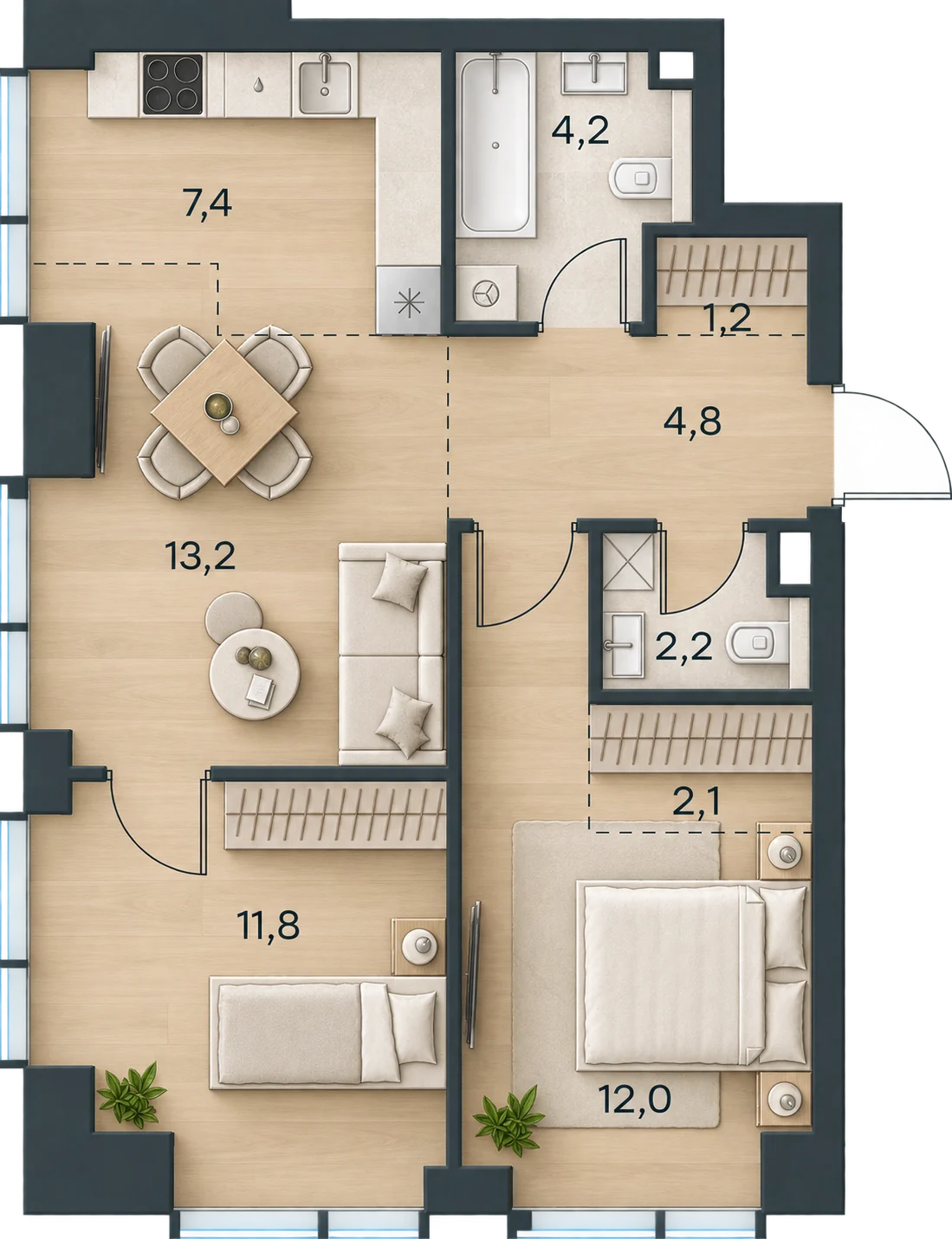 Планировка Level Павелецкая Сити, 58,9 м² — 3D AI-иллюстрация