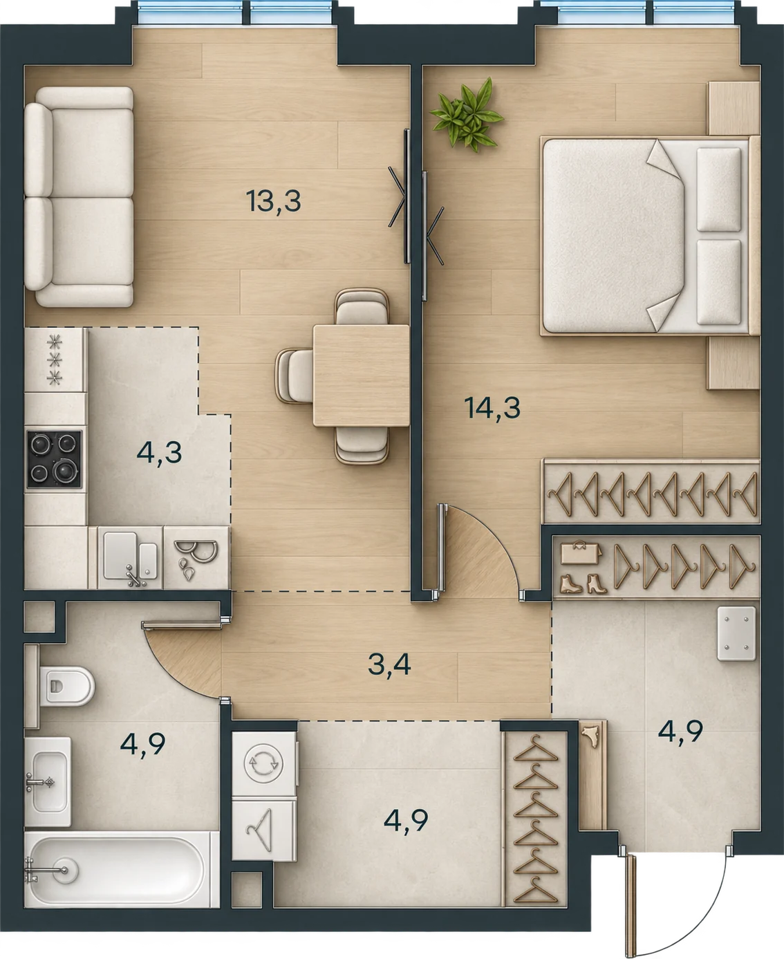 Планировка Level Павелецкая Сити, 50,0 м² — 3D AI-иллюстрация