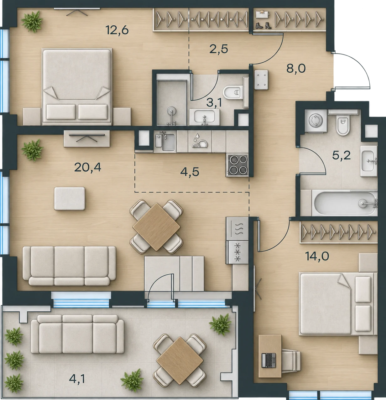 Планировка Level Павелецкая Сити, 74,4 м² — 3D AI-иллюстрация