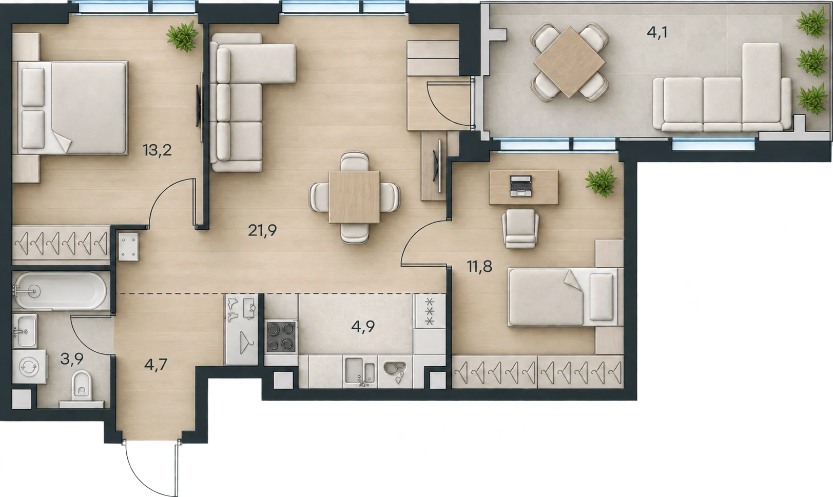 Планировка Level Павелецкая Сити, 64,5 м² — 3D AI-иллюстрация