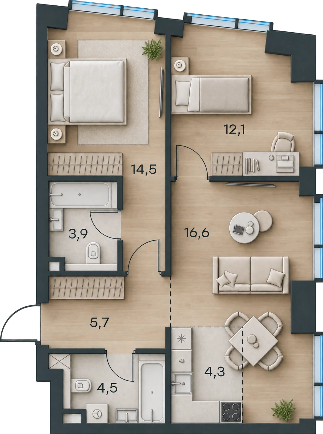 Планировка Level Павелецкая Сити, 61,6 м² — 3D AI-иллюстрация