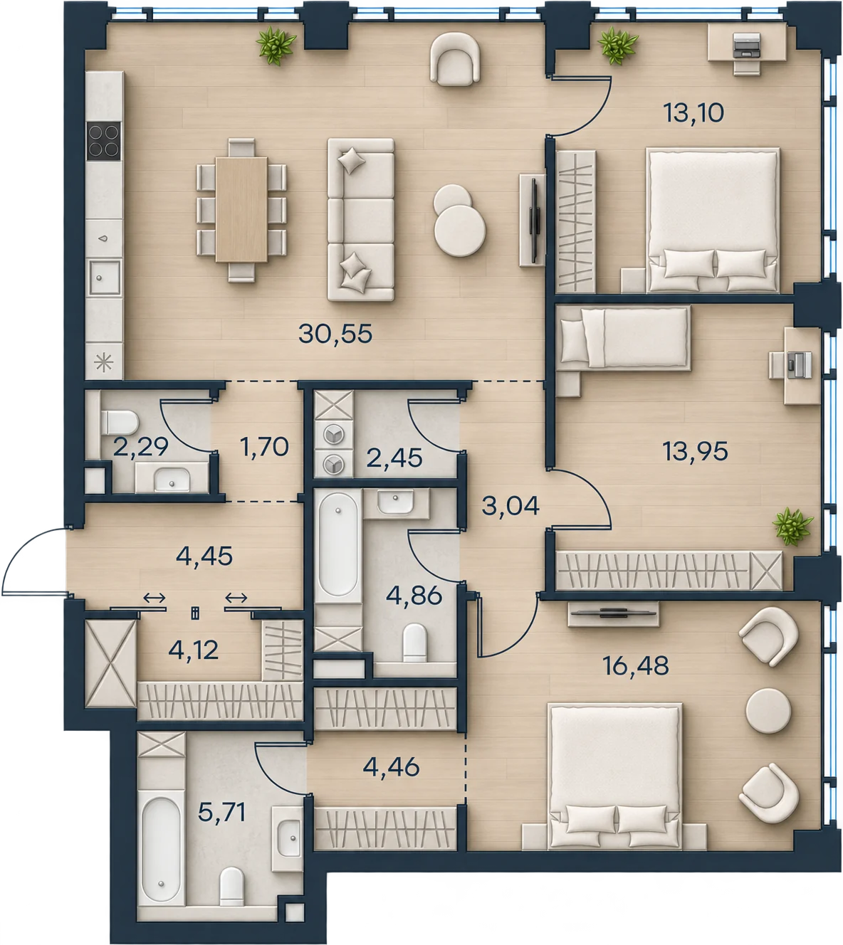 Планировка Level Павелецкая Сити, 107,16 м² — 3D AI-иллюстрация