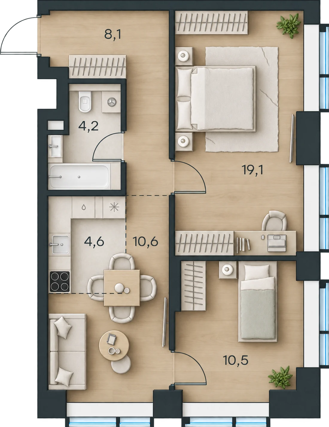 Планировка Level Павелецкая Сити, 57,1 м² — 3D AI-иллюстрация