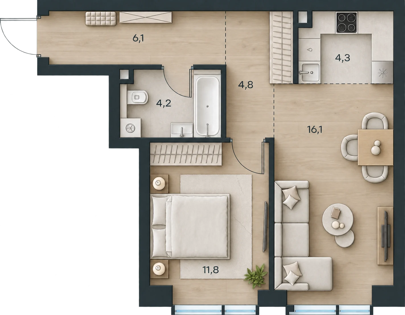 Планировка Level Павелецкая Сити, 47,3 м² — 3D AI-иллюстрация