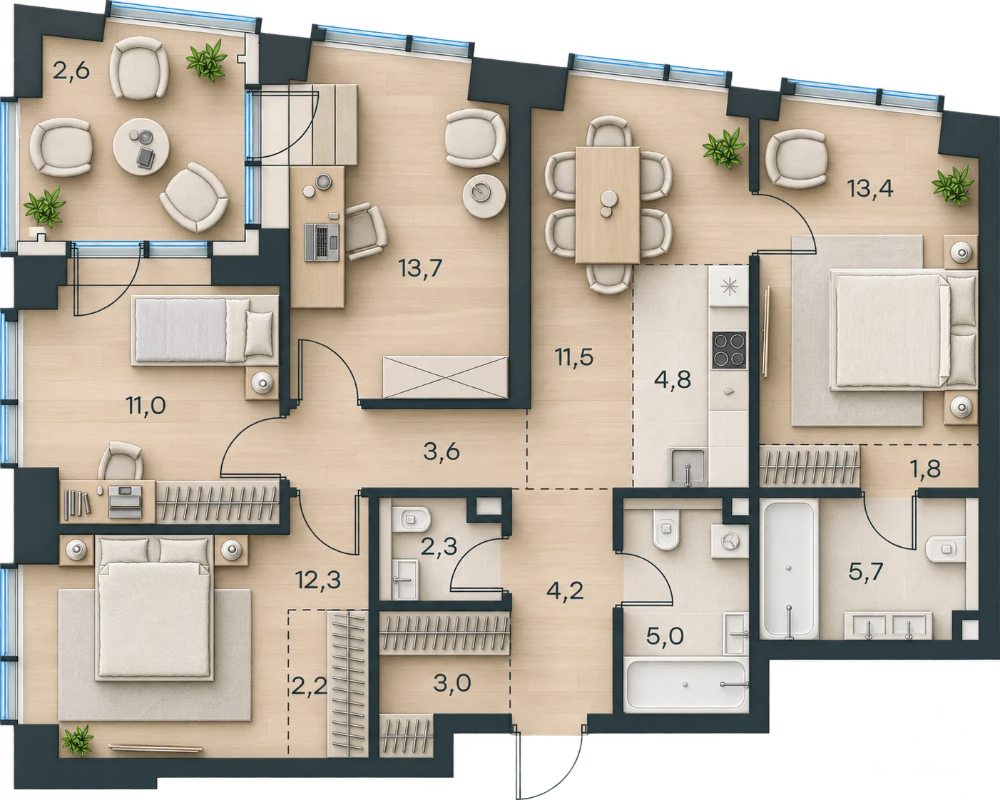 Планировка Level Павелецкая Сити, 97,1 м² — 3D AI-иллюстрация