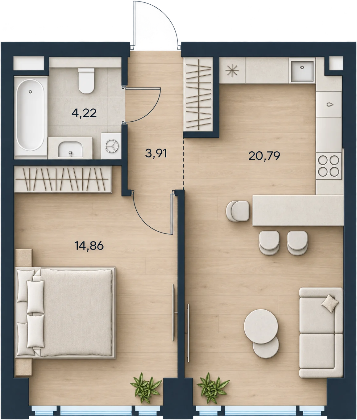Планировка Level Павелецкая Сити, 43,78 м² — 3D AI-иллюстрация