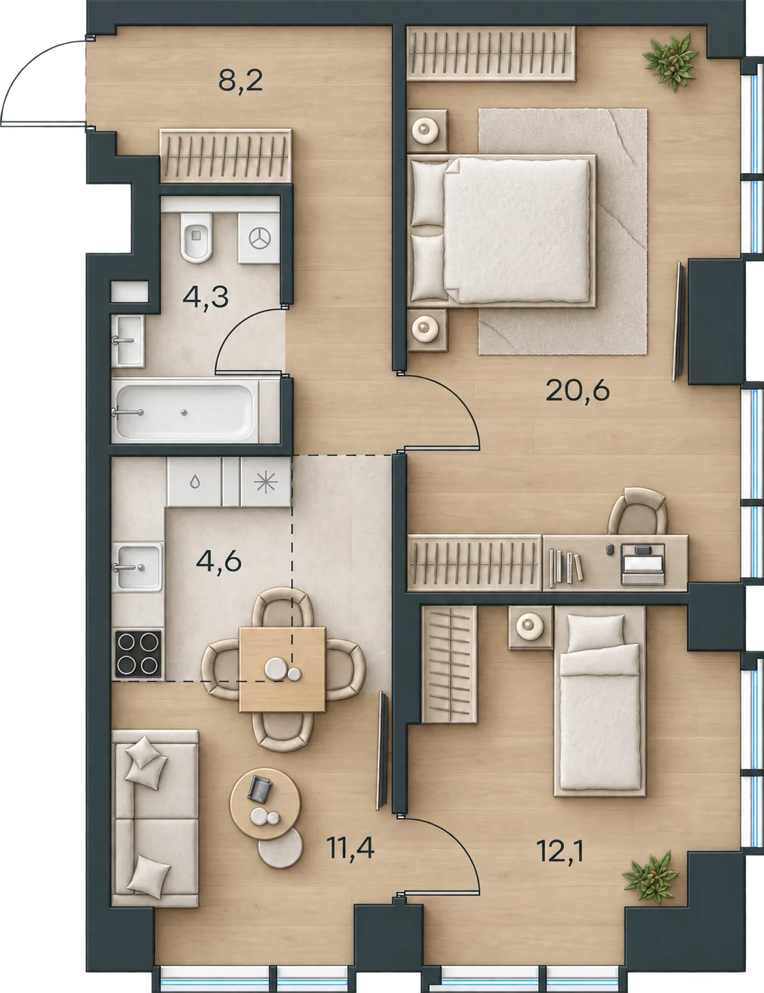 Планировка Level Павелецкая Сити, 61,2 м² — 3D AI-иллюстрация