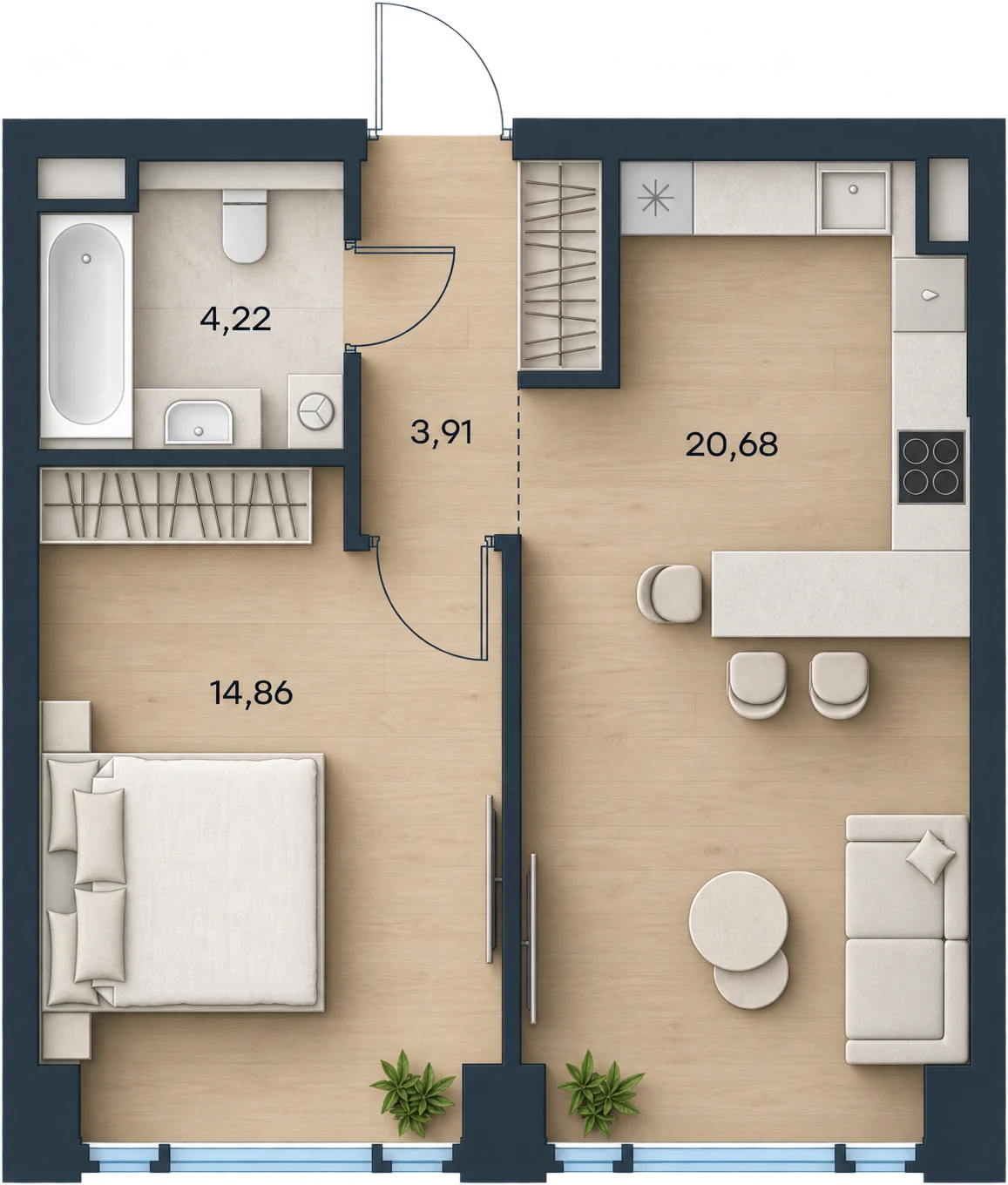 Планировка Level Павелецкая Сити, 43,67 м² — 3D AI-иллюстрация