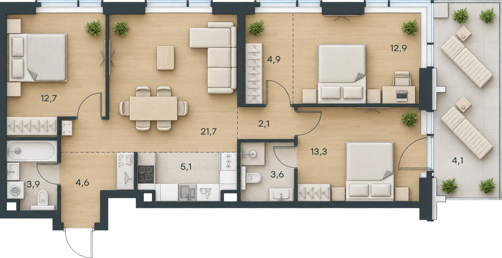 Планировка Level Павелецкая Сити, 88,9 м² — 3D AI-иллюстрация