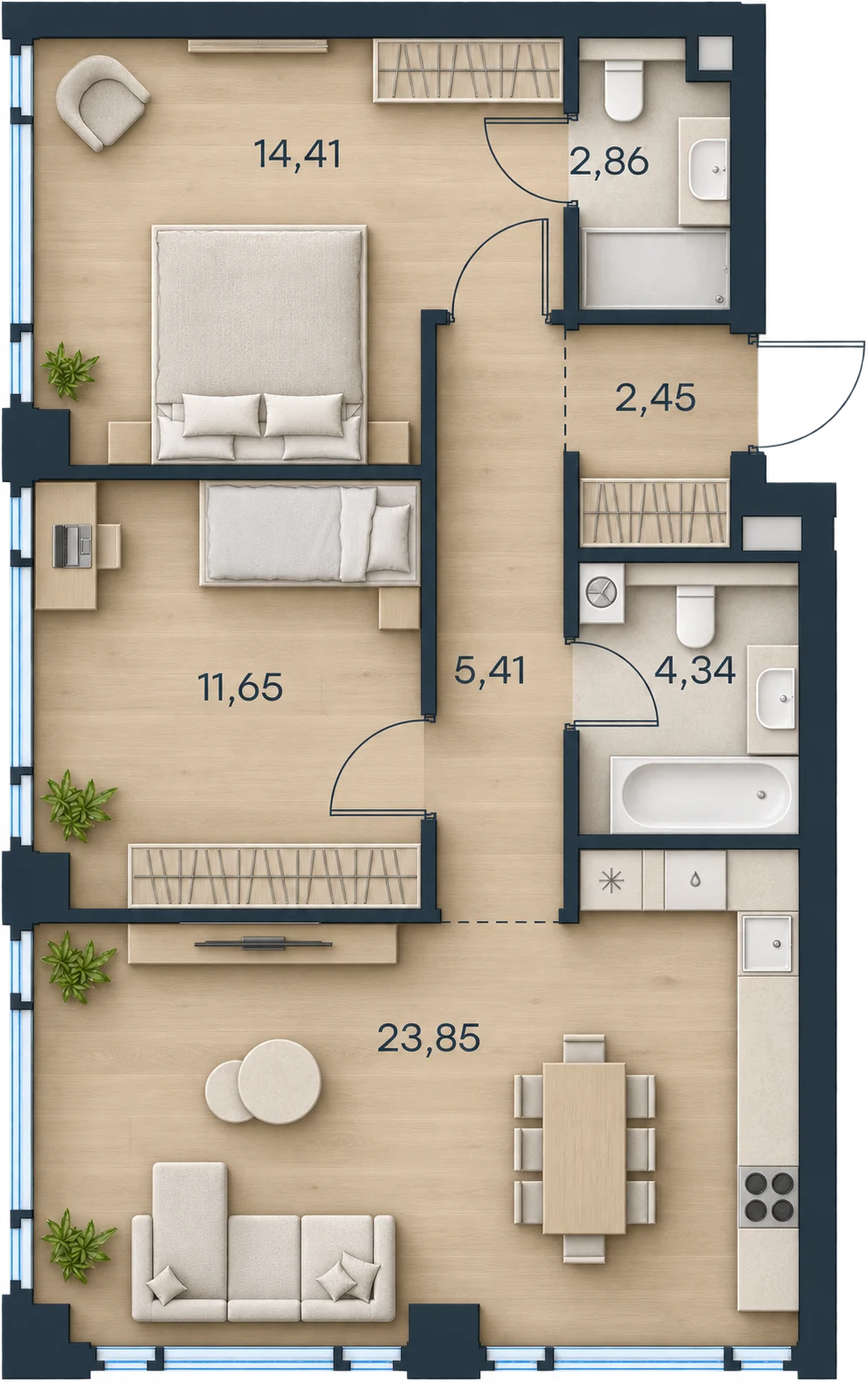 Планировка Level Павелецкая Сити, 64,97 м² — 3D AI-иллюстрация