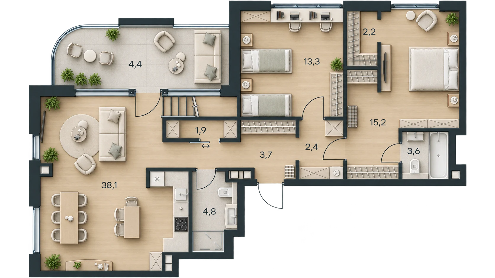 Планировка Level Павелецкая Сити, 139,7 м² — 3D AI-иллюстрация