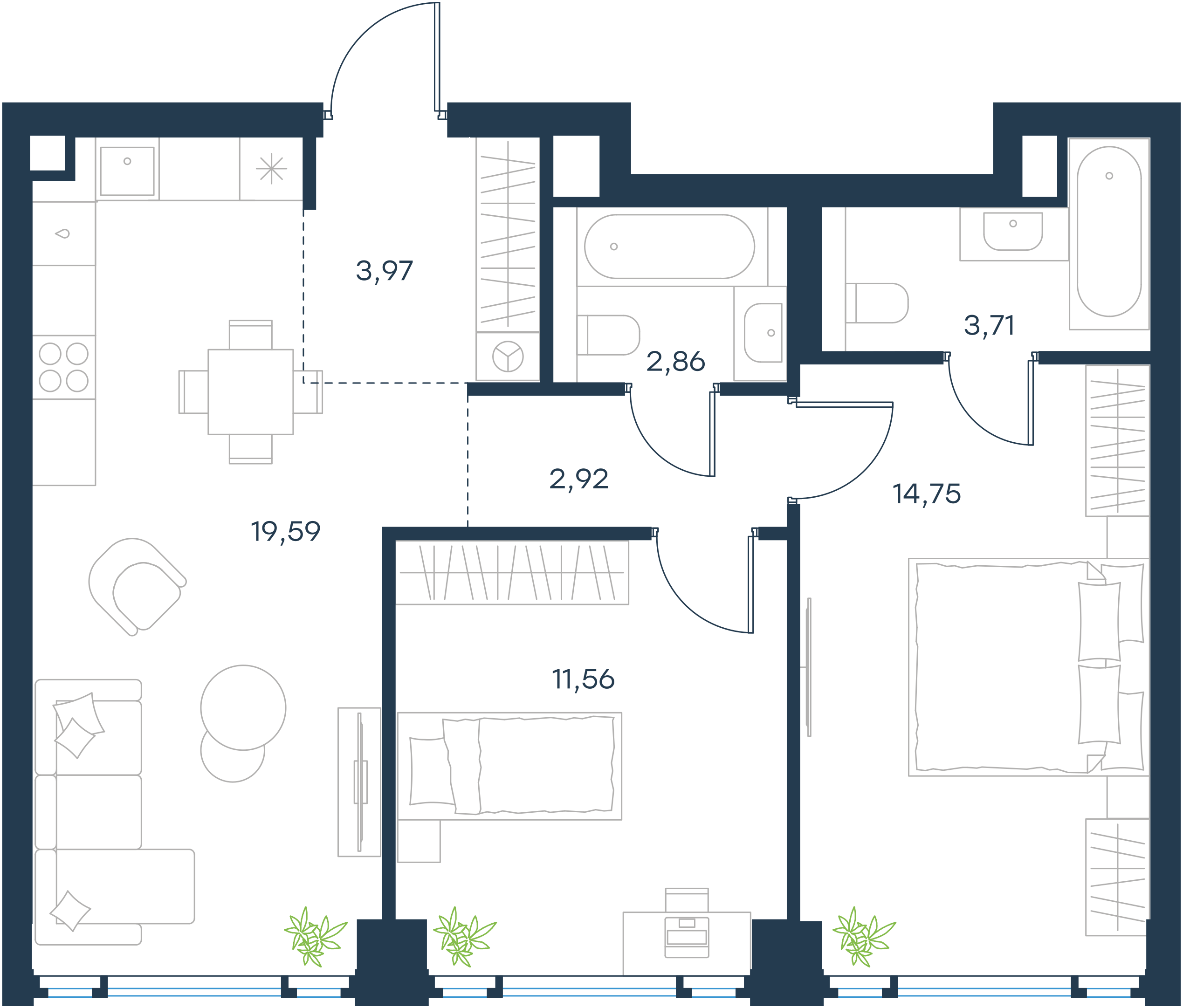 Официальная планировка 2D Level Павелецкая Сити, 59,36 м²