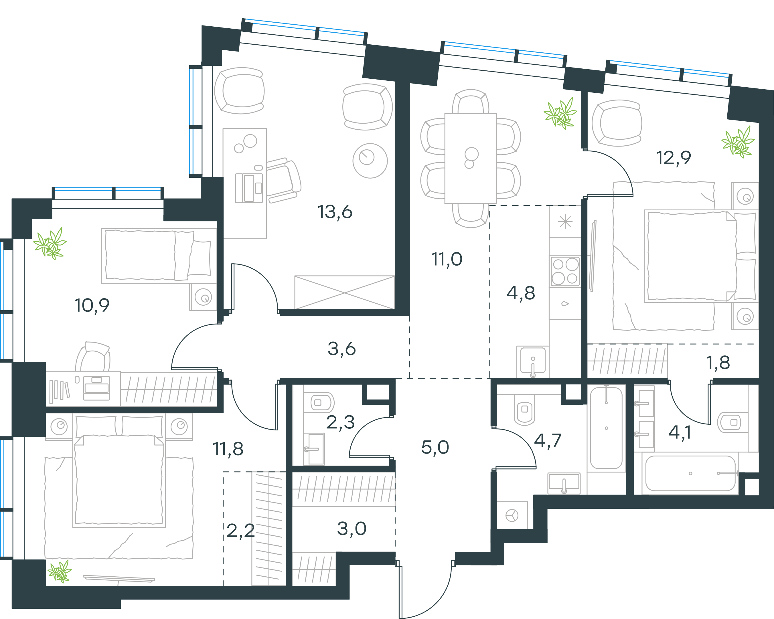 Официальная планировка 2D Level Павелецкая Сити, 91,7 м²