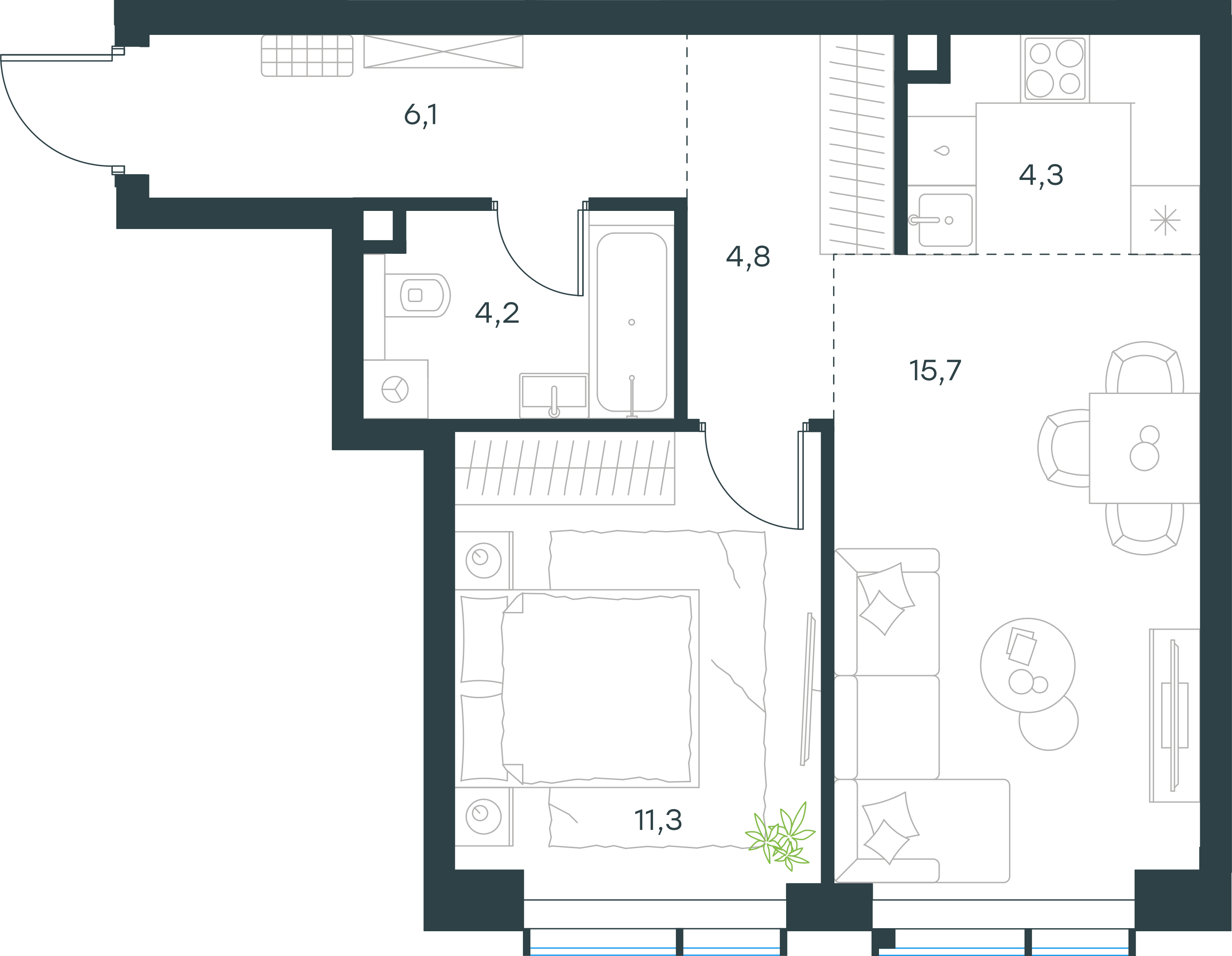 Официальная планировка 2D Level Павелецкая Сити, 46,4 м²