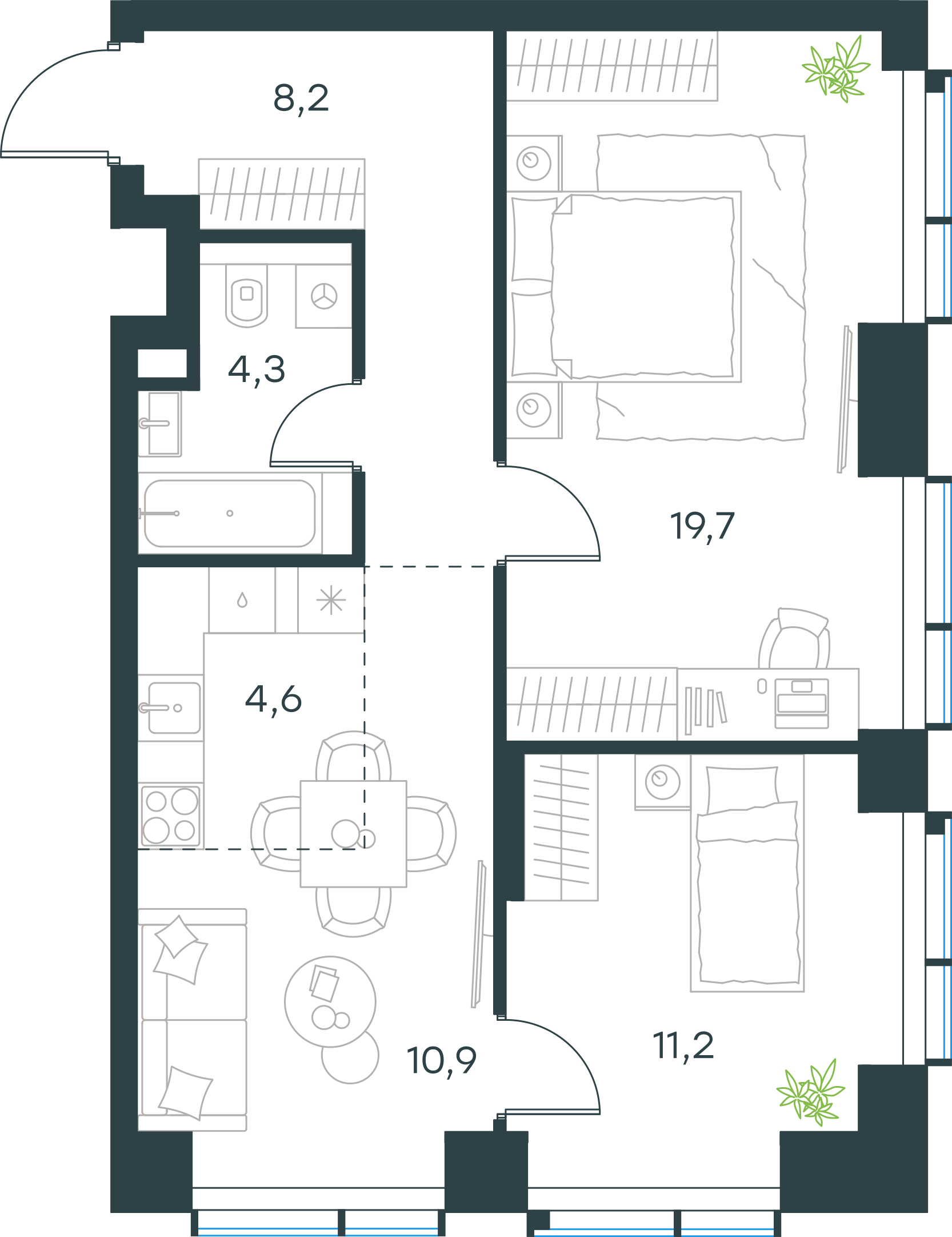 Официальная планировка 2D Level Павелецкая Сити, 58,9 м²