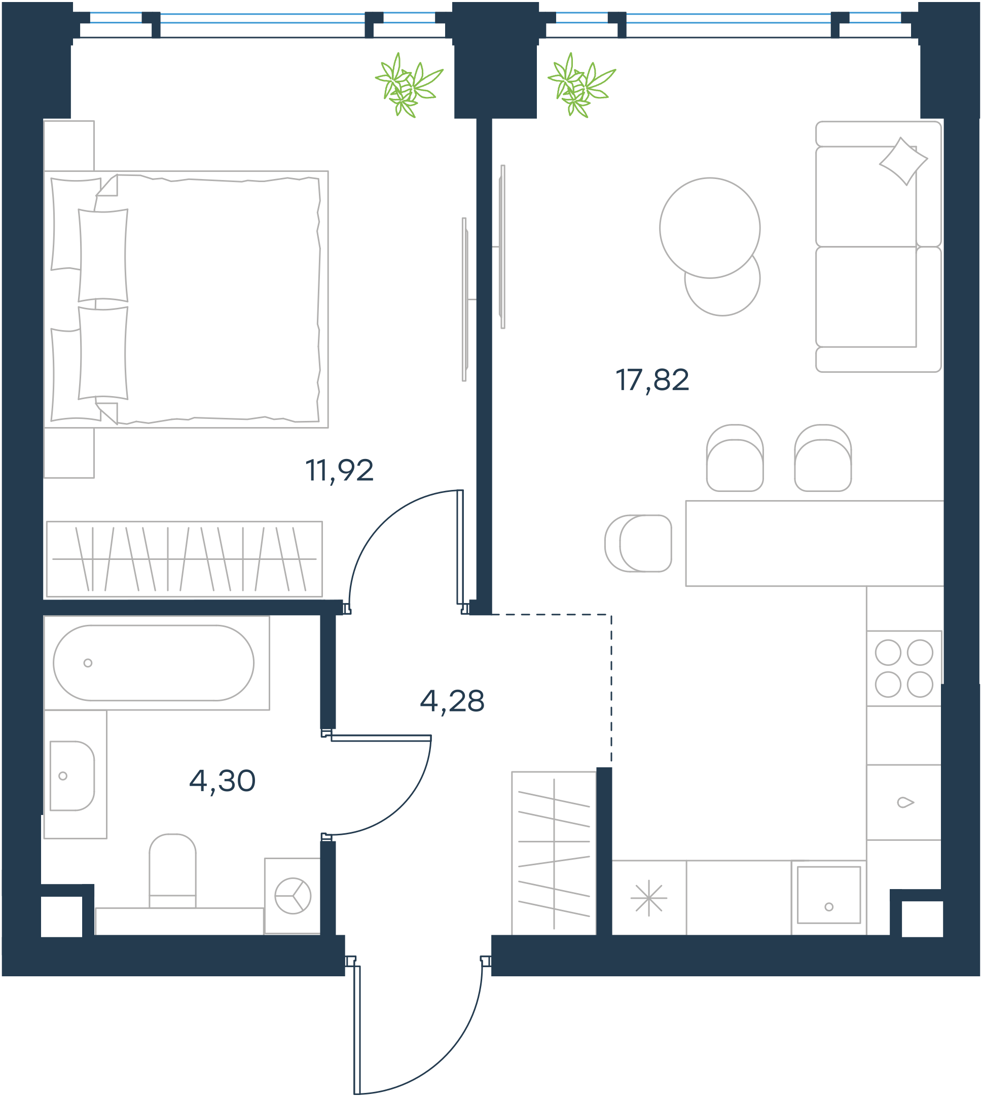 Официальная планировка 2D Level Павелецкая Сити, 38,37 м²