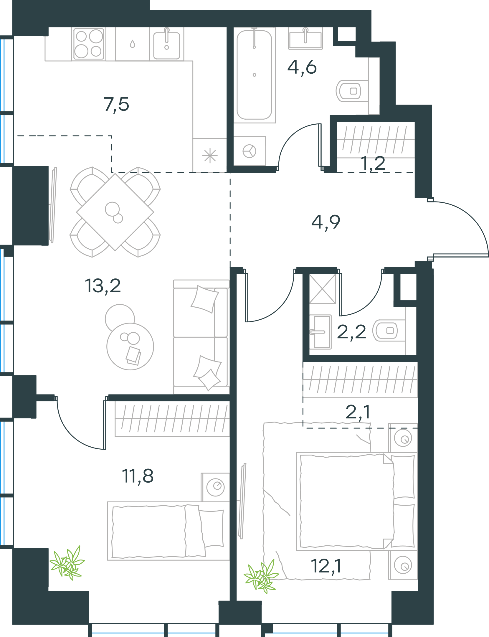 Официальная планировка 2D Level Павелецкая Сити, 59,6 м²