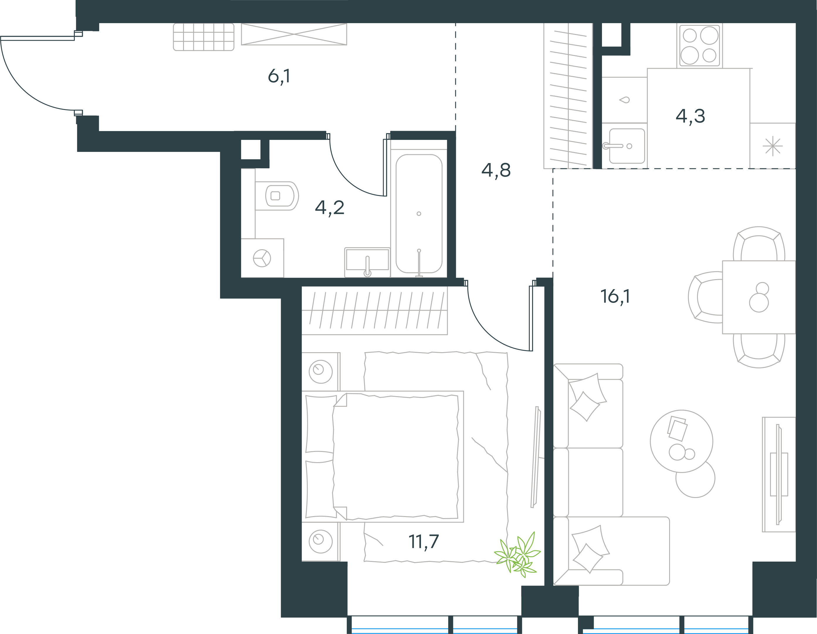 Официальная планировка 2D Level Павелецкая Сити, 47,2 м²