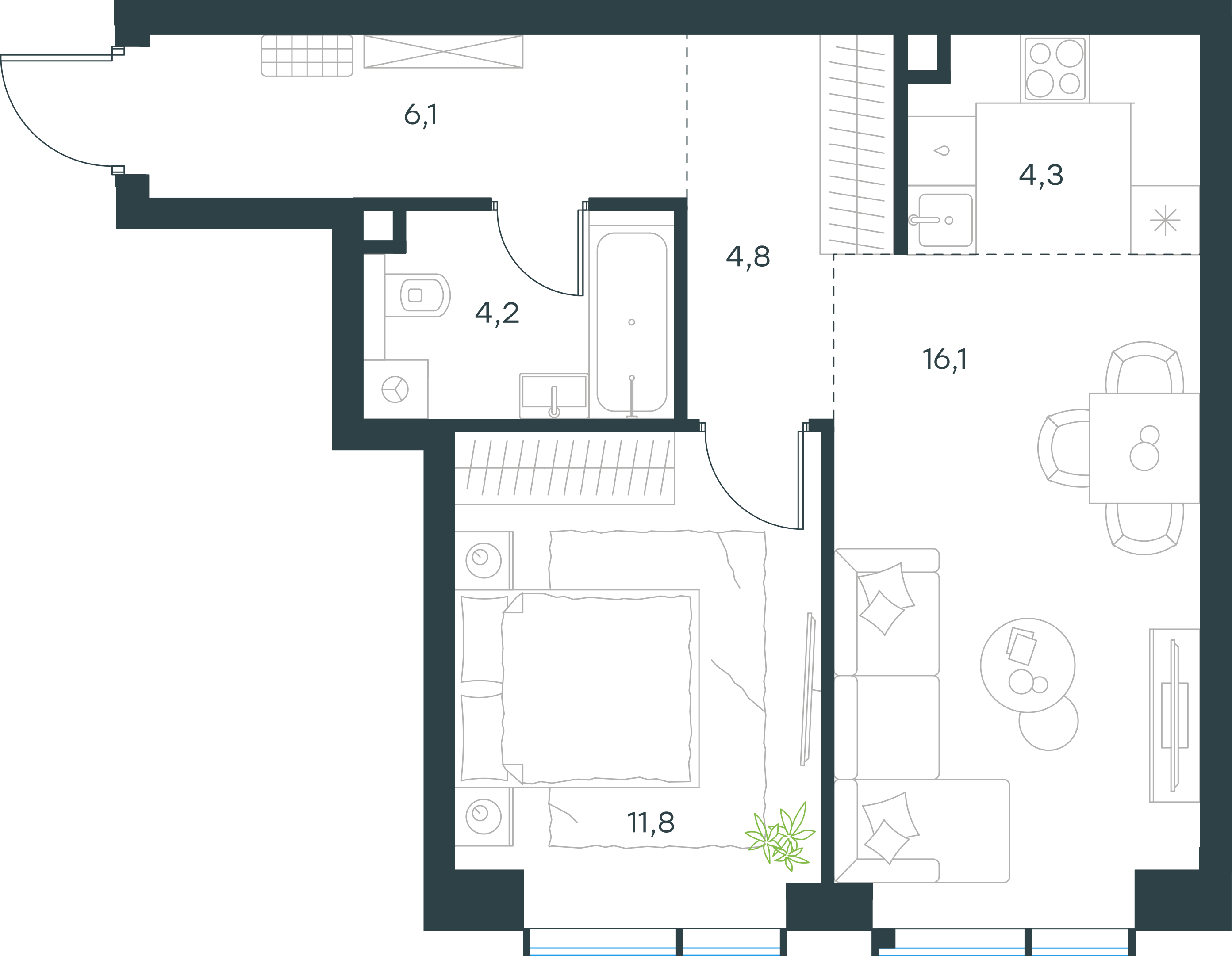 Официальная планировка 2D Level Павелецкая Сити, 47,3 м²