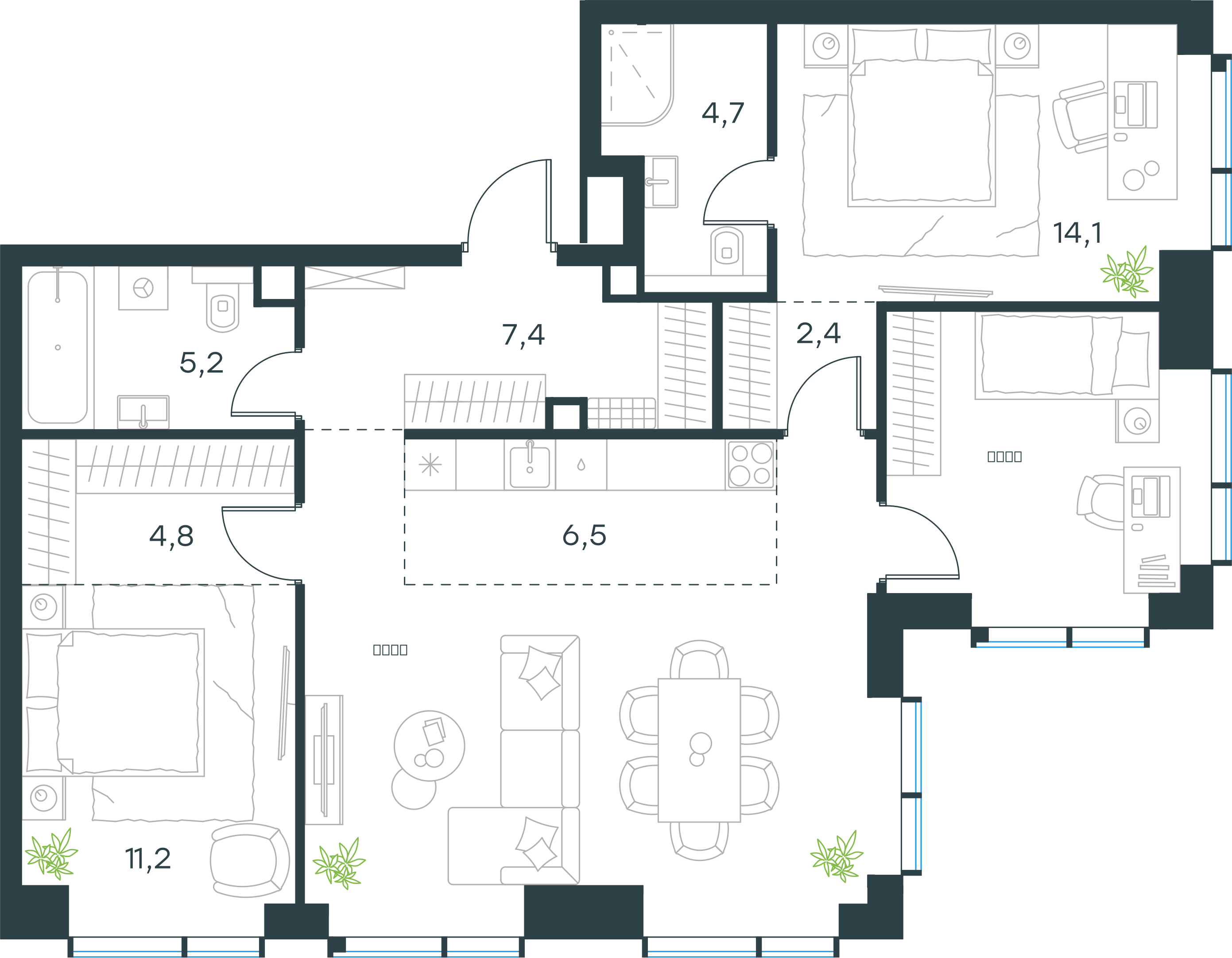 Официальная планировка 2D Level Павелецкая Сити, 94,9 м²