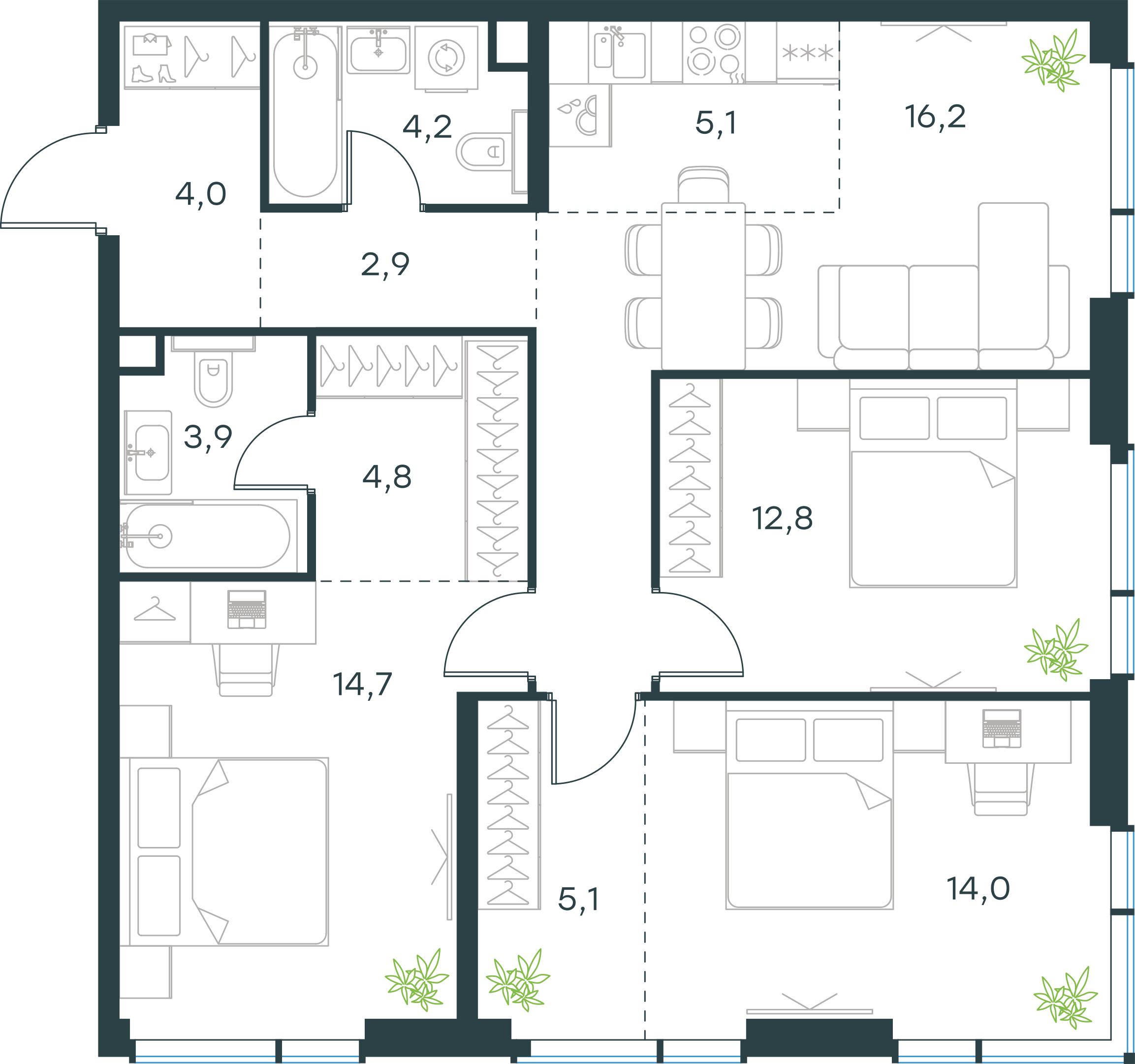 Официальная планировка 2D Level Павелецкая Сити, 87,7 м²