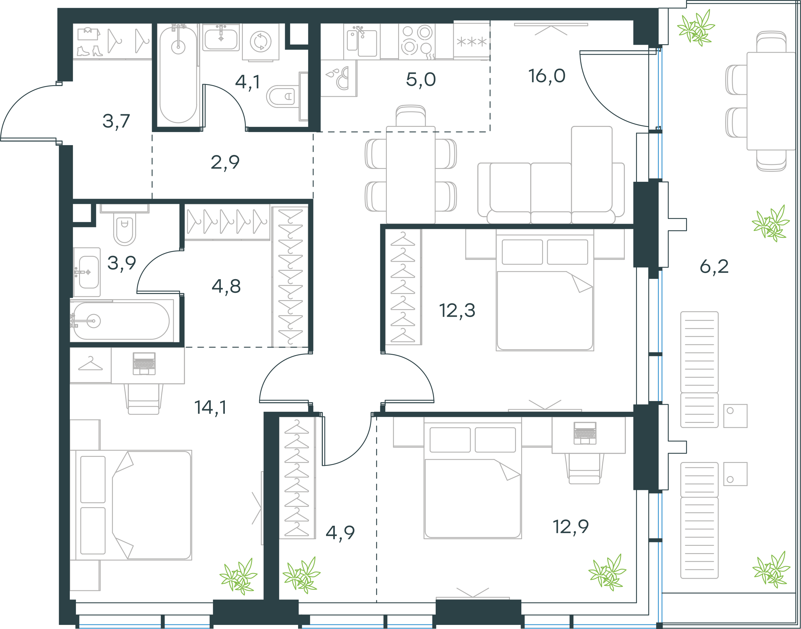 Официальная планировка 2D Level Павелецкая Сити, 90,8 м²