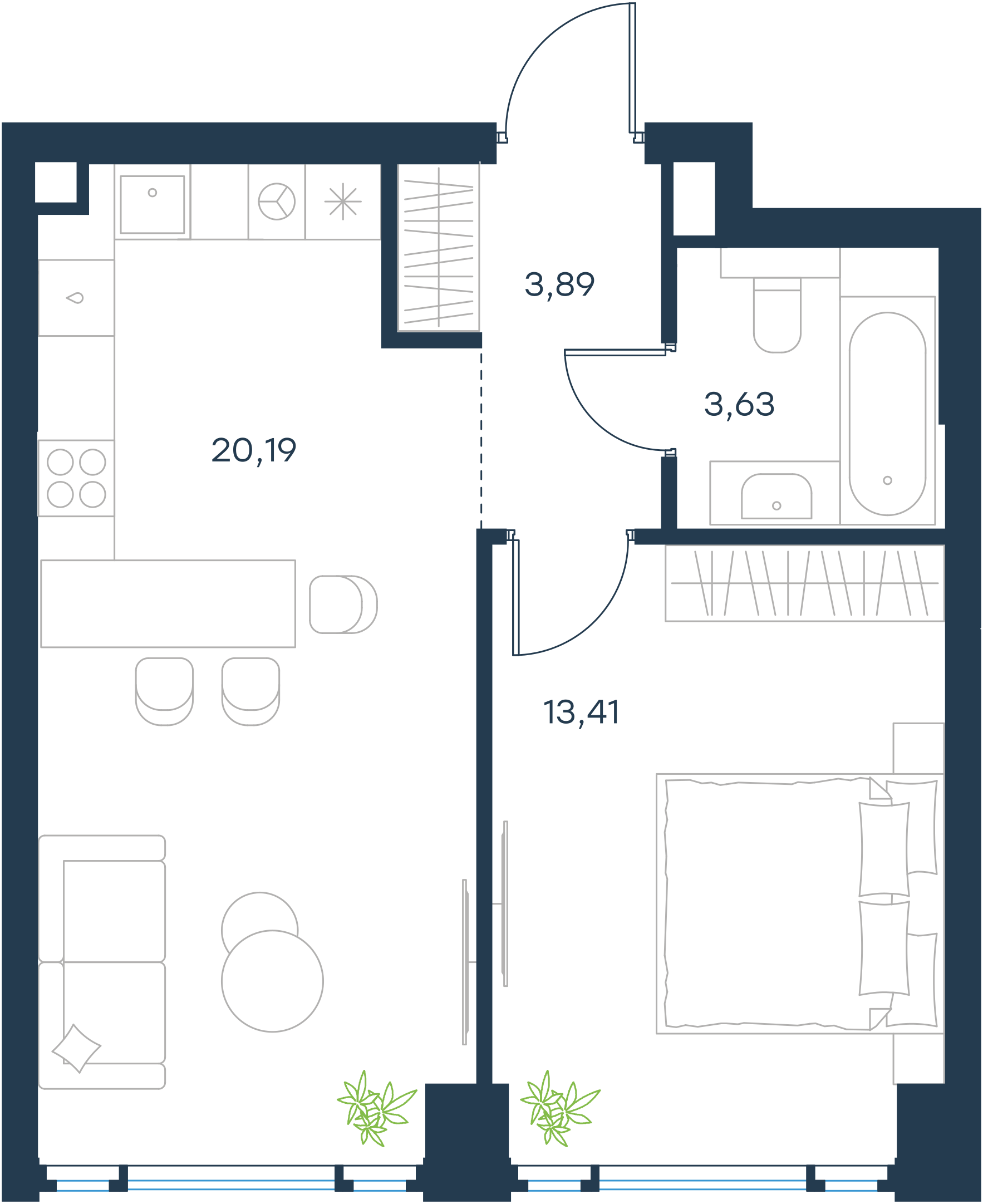 Официальная планировка 2D Level Павелецкая Сити, 41,12 м²