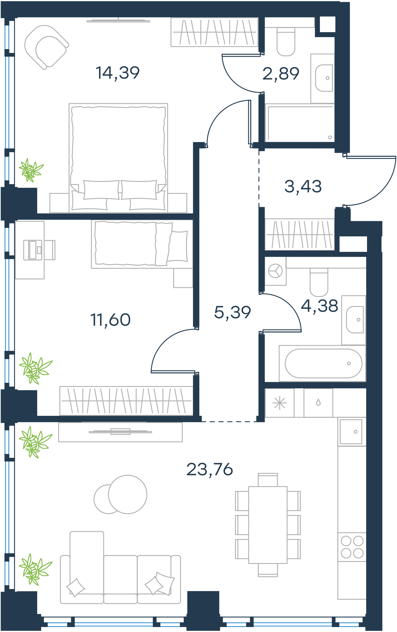 Официальная планировка 2D Level Павелецкая Сити, 64,84 м²