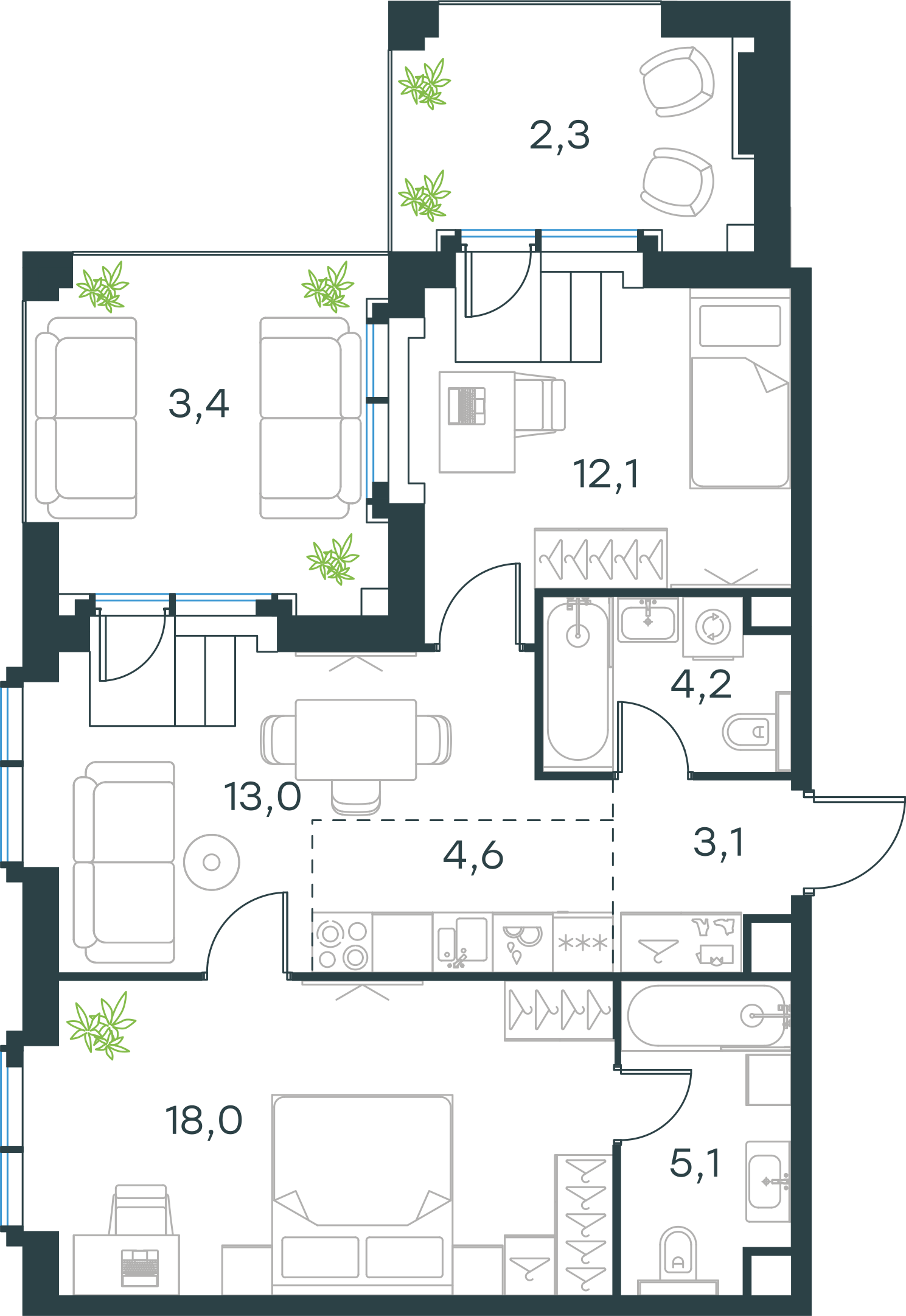 Официальная планировка 2D Level Павелецкая Сити, 65,8 м²